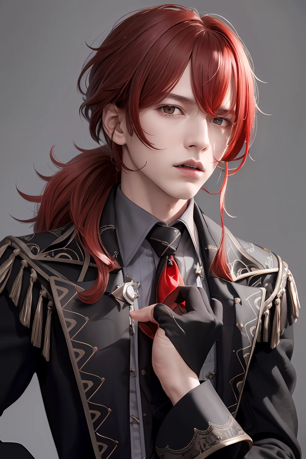 masterpiece, best quality,diluc (genshin impact), 1boy, red hair, male focus, long hair, gloves, solo, red eyes, bangs, long sleeves, looking at viewer, jacket, hair between eyes, ponytail, black gloves, black jacket, (grey background:1.4),(kbxll:0.6)