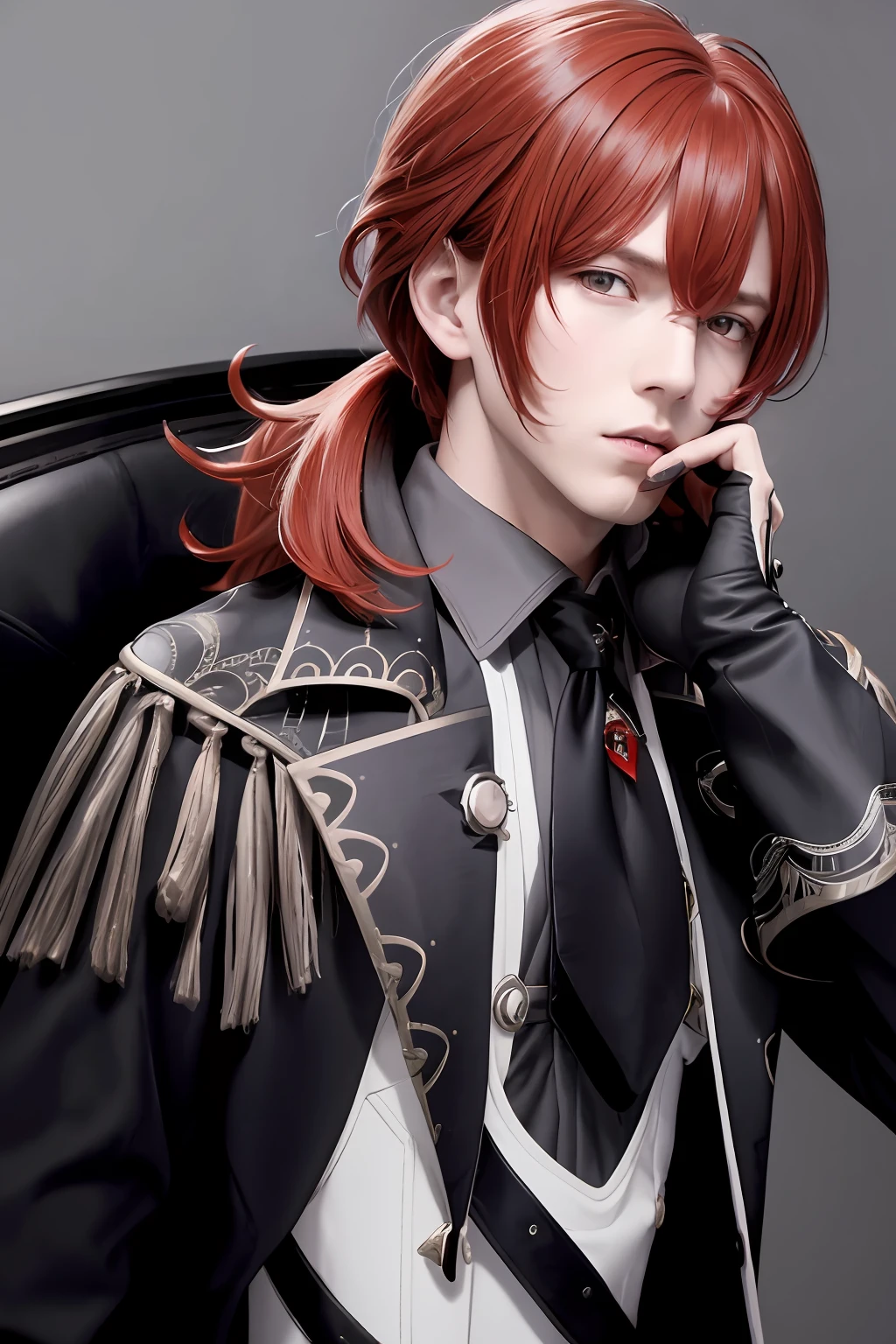 masterpiece, best quality,diluc (genshin impact), 1boy, red hair, male focus, long hair, gloves, solo, red eyes, bangs, long sleeves, looking at viewer, jacket, hair between eyes, ponytail, black gloves, black jacket,  (grey background:1.4),(kbxll:0.6)