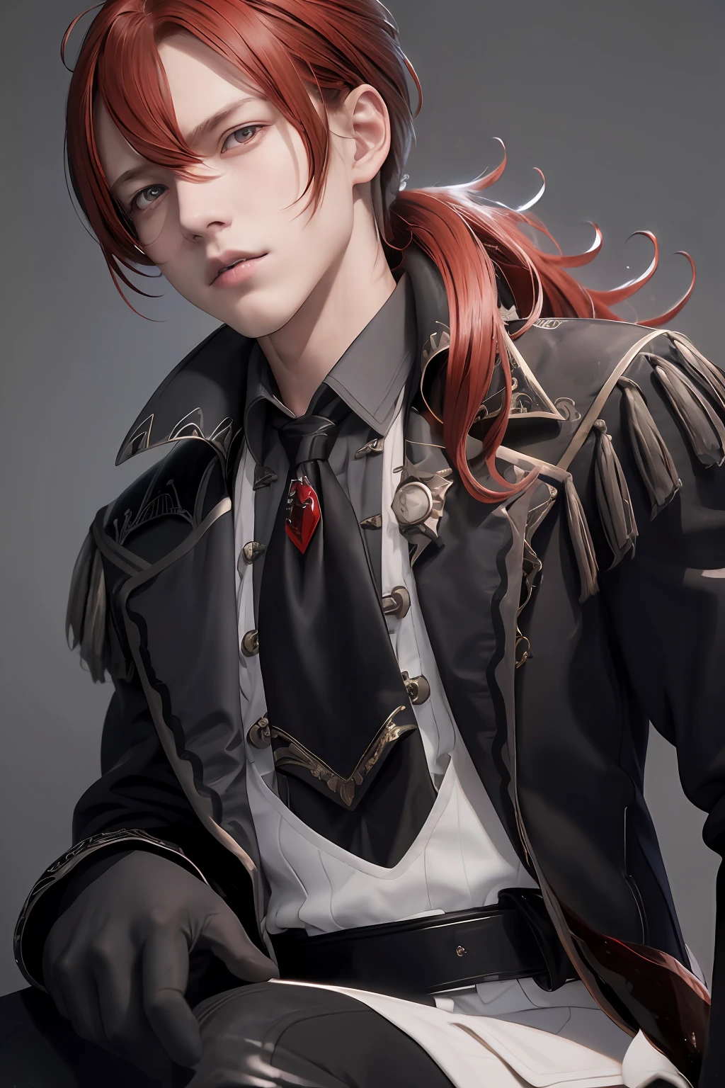 masterpiece, best quality,diluc (genshin impact), 1boy, red hair, male focus, long hair, gloves, solo, red eyes, bangs, long sleeves, looking at viewer, jacket, hair between eyes, ponytail, black gloves, black jacket,  (grey background:1.4),(kbxll:0.6)