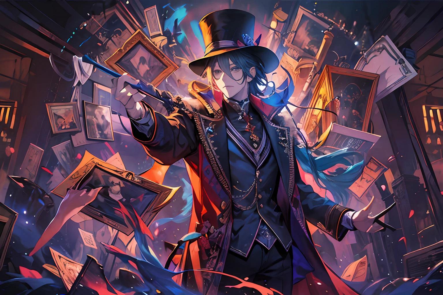 1 man, magician from Now you see me, mysterious vibe, vivid color, grim ,artistic,masterpiece, delighted face and details, high quality, digital painting, official wallpaper, ||,