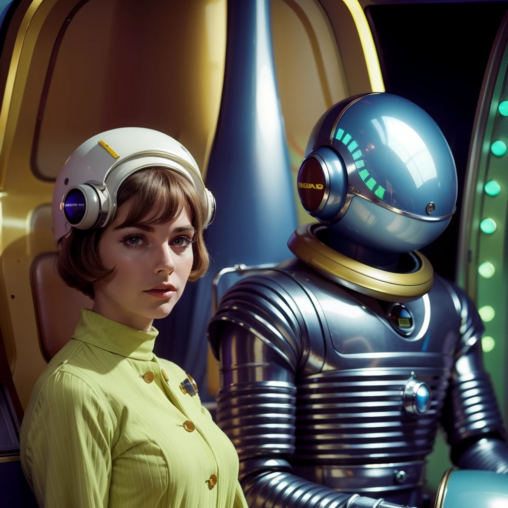 4k image from a 1960s science fiction film by Wes Anderson, Filme O Grande Hotel Budapeste, pastels colors, Young people wearing retrofuturistic alien masks and holding colorful suitcases and chests on the bus, Retro-futuristic fashion clothes from the 60s with old robots, Luz Natural, Psicodelia, futurista estranho, retro-futurista, photo-realistic, Sharp background details.
