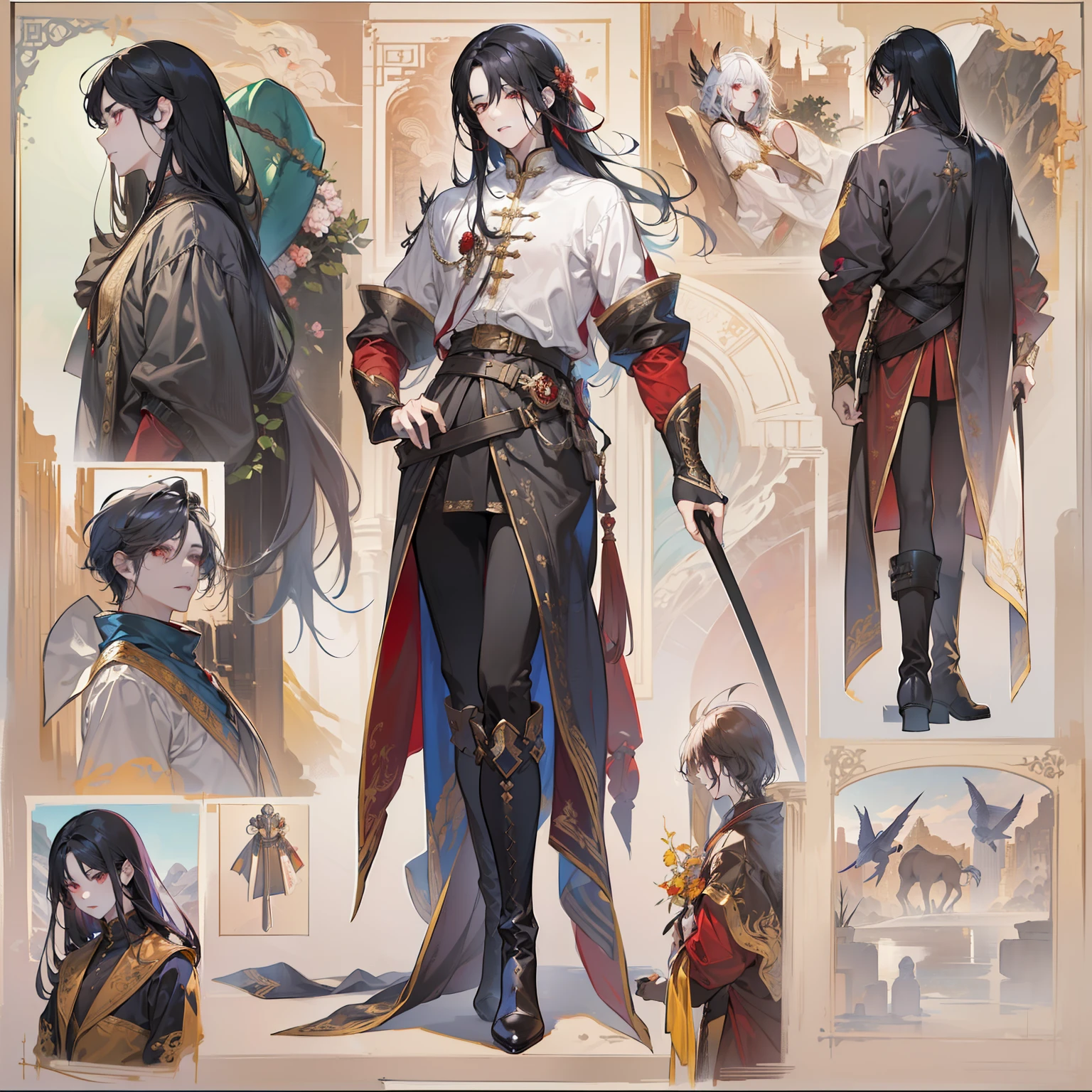 1 boy, solo, black hair, straight hair, flowing straight hair, red eyes, shirt, high boots, Lightweight clothing, medieval theme, looking at viewer, fantasy art, beautiful painting, guwaika style, epic exquisite character art, stunning characters, man, lean (reference sheet:1.5)
