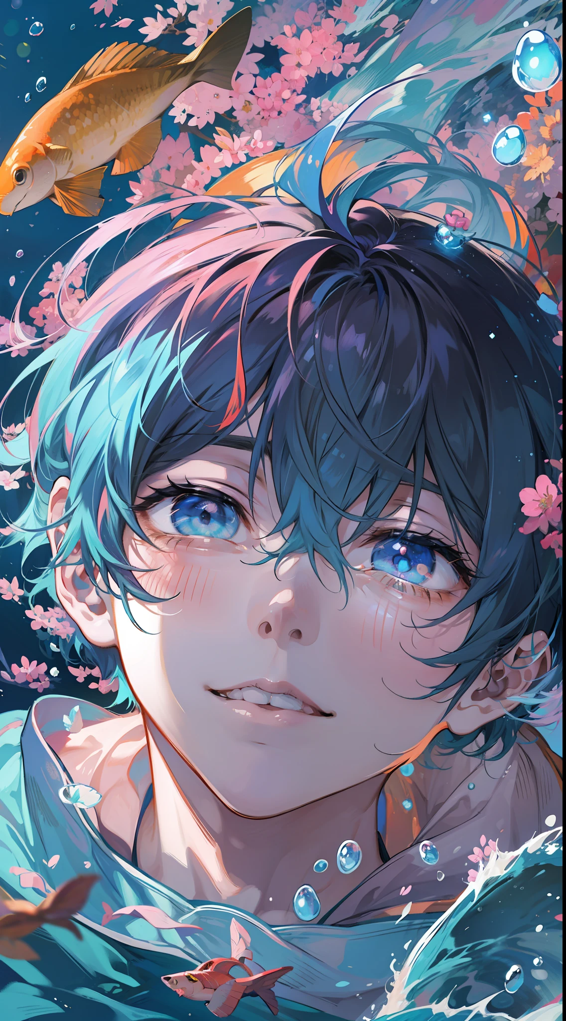 anime boy 2d, bright color, underwater, bust up, handsome