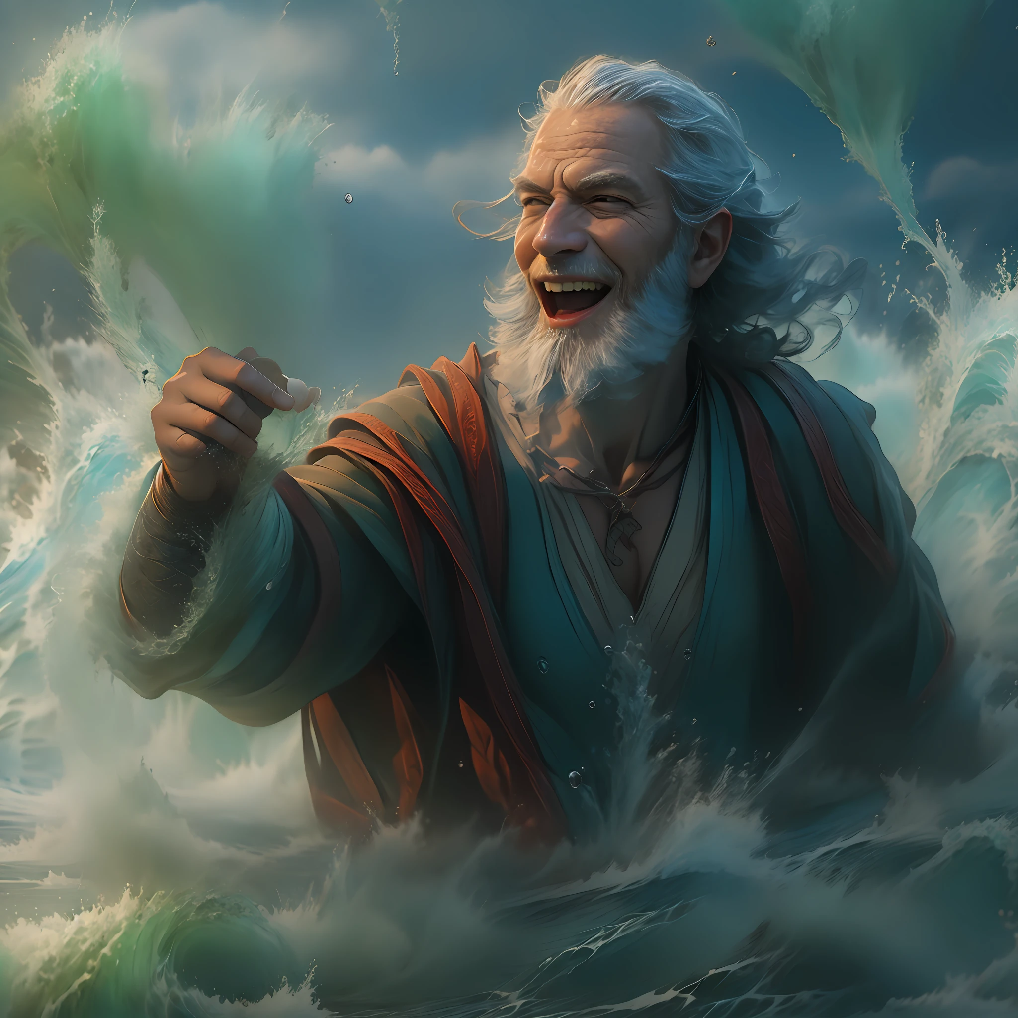 (Good-looking happy Moses controlling water, opening the sea) cinematic, realistic 8k UHD