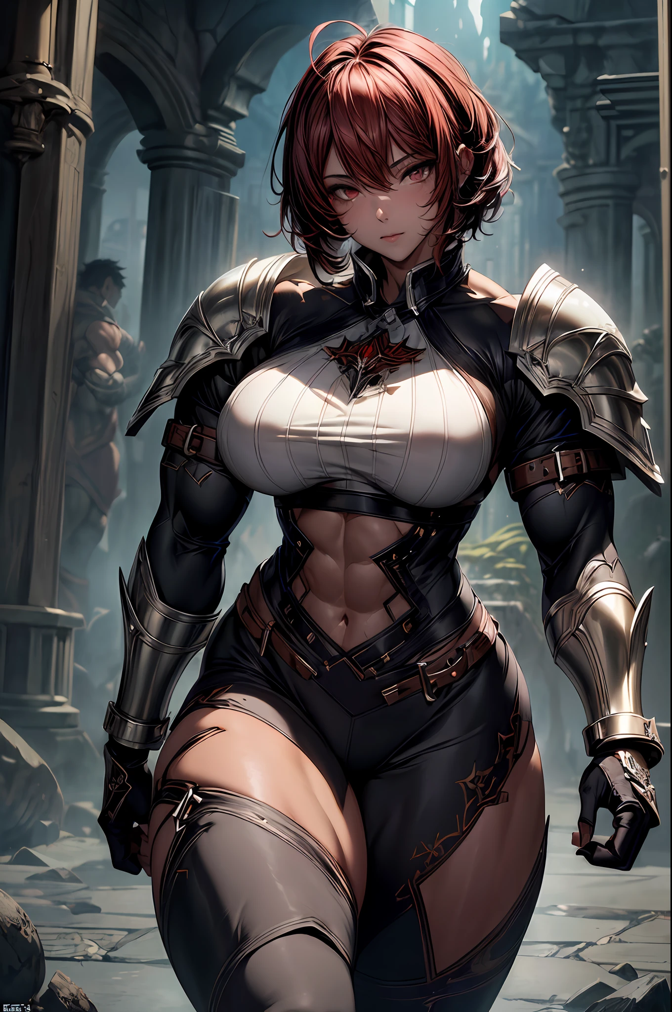((body builder:1.4)),(extremely detailed CG unity 8k wallpaper), (masterpiece), (best quality:1.2), (highres), (illustration:1.1), (cinematic light:1.1), finely detailed, intricate details, (best illustration), 8k resolution, intricate details, best quality, realistic, ultra-detailed, best illumination, best shadow, ultra-HD, cryengine, ultra hd, (detailed reflection), detailed shadows, (((intricate details))), smooth, ((perfect shading)), high quality metal texture, metallic luster, highly detailed illustration, (semi realistic:1.6), (wide_shot:1.2), (landscape view), (midriff), (great composition:1.0), (face to below knee:1.3), ((dark)), (embroidery armor:1.5), looking at viewer, full armor, 1boy, (solo), metal armor, (crew_cut_hair:1.8), knight, (slick back short hair:1.4), (red hair:1.3), silver_armor, night, expressionless, heavy breathing, ((holding shield:1.2)), head down, handsome, sharp, male focus, cuisses, gauntlets, shoulder armor, pauldrons, breastplate, knight, in Passage, (stout muscular body), (stout physique), savage facial features, stylish pose, dynamic pose, armor ornament, stairs, pillar, column, , gloomy, terrifying atmosphere, complicated background, dynamic camera angle, blood rain behind, (((high quality gothic ruins))), (depth of field), ((cinematic lighting)), ((dark fantasy:1.5)), spot color, monotone, red, splashing blood, (best illumination), (hyper intricate details), ((ultra-detailed)), 4k unity, (extremely detailed CG:1.2), (8k:1.1), Artstation, ((by Donato Giancola, by Wenjun Lin, by Keith Thompson)), ((semi-realistic)), (realism), (dynamic), (RFKTR_bontrex-150:0.5), busty, female, girl, curvy, bob hair, cute girl, big breast