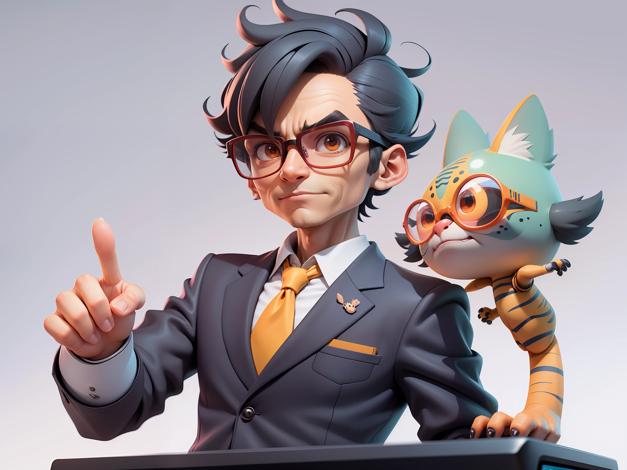 A young man in a suit, Short hair and glasses sat at his desk,holding laptop,digitial painting,tigre,3D character design by Mark Clairen and Pixar and Hayao Miyazaki and Akira Toriyama,4K HD illustration,Very detailed facial features and cartoon-style visuals。