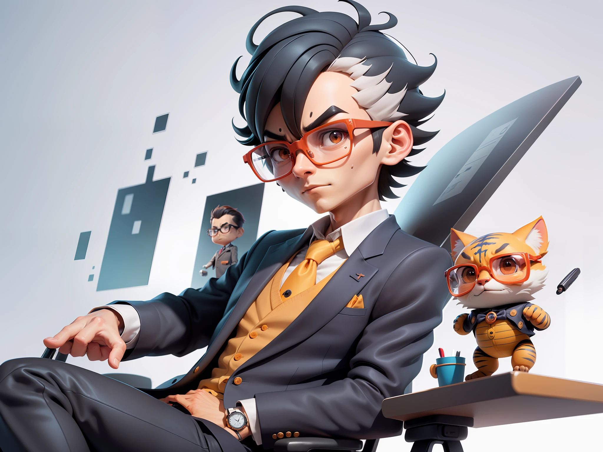 A young man in a suit, Short hair and glasses sat at his desk，holding laptop，digitial painting，tigre，3D character design by Mark Clairen and Pixar and Hayao Miyazaki and Akira Toriyama，4K HD illustration，Very detailed facial features and cartoon-style visuals。