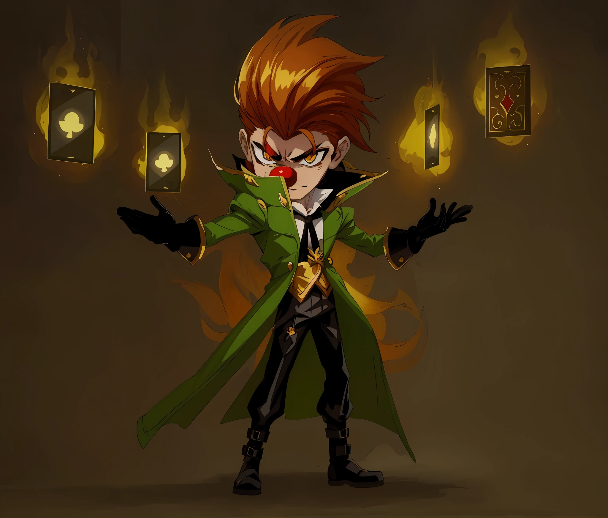 (Anime) . Close-up of a cartoon character with a green coat and red nose, Conception du personnage Demon Noble, Advanced Digital Chibi Art, Art des personnages de Maple Story, Evil male wizard, Chibi, Lancer un sort de feu, Dapper Dream Demon, Pose of the villain, inspired by Luigi Kasimir, Partie Brando, Style League of Legends, evil wizard, cast an evil spell . (Masterpiece: 1.8), 64k quality, final fantasy artwork concept, detailed manga eyes, detailed hair, detailed clothes, detailed body, sharper drawings, pronounced detailed face, shiny objects like jewelry, see the creases on the clothes, more rounded eyes, globular transparent liquid eyes, more colors, more consistent clothes , correct clothing features, better eye line, better shoulders, really colorful, coarser line, black line, finishing. (drowing (anime (manga (comics)))) (coarser stroke: 1.8) (black stroke: 1.8) (color: 1.8) (clean: 1.8) (color contrast: 1.8) (black outline: 1.8) (adjusted color contrast: 1.8) (shadow play: 1.8) (manga eyes: 1.8) (muscle: 1.5 ) (rendering homogeneous: 1.3)