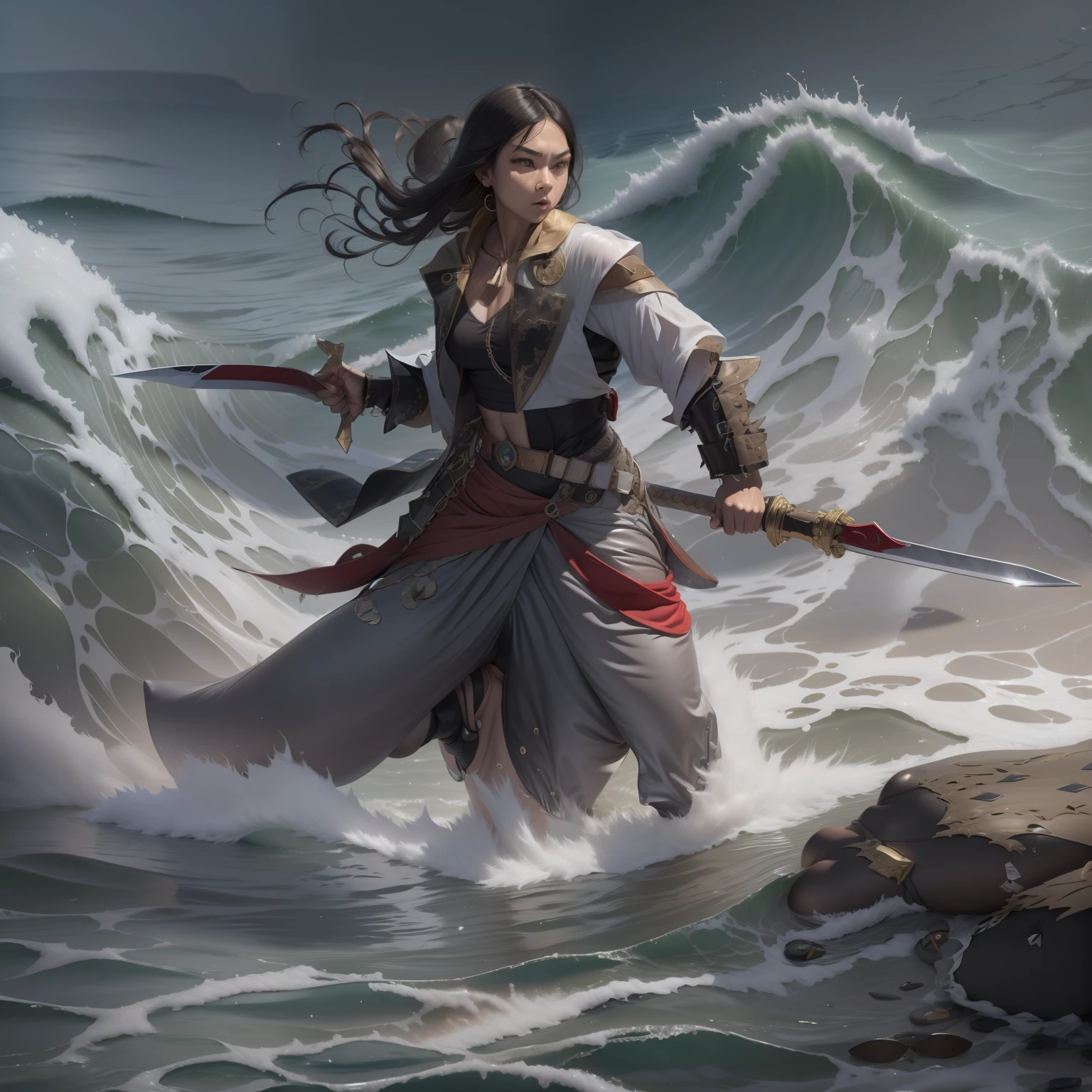 Imperial water，Wave model，Wave control，beachside，violent storm，sandbeach🏖🏖🏖， arma， The sword， Control of seawater， holdingweapon， 32K, Linen cloak, Top quality, Masterpiece:Faust，,1boys， long whitr hair， ​​clouds， Squat in the water， （tmasterpiece，k hd，hyper HD，16k）,clutching a sword， buliding， Reflectors， bloods， Eastern Asia， Weapon focus， Skysky， brunette color hair， knifes， trouser， swell sea，  banya， The clothes ar， bandagens， sword sheath， 独奏