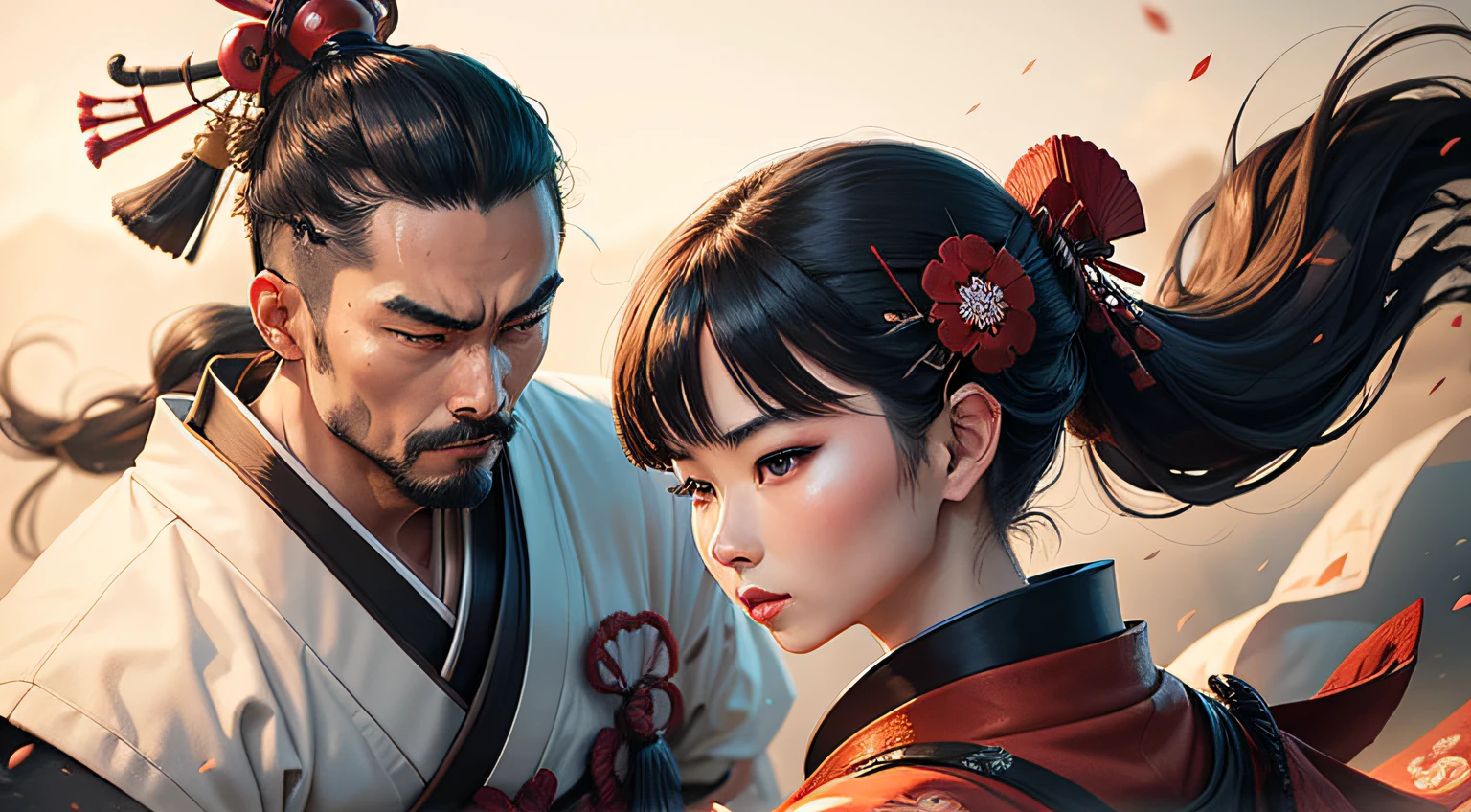 A samurai man and a geisha woman wearing a kimono fighting in Japan