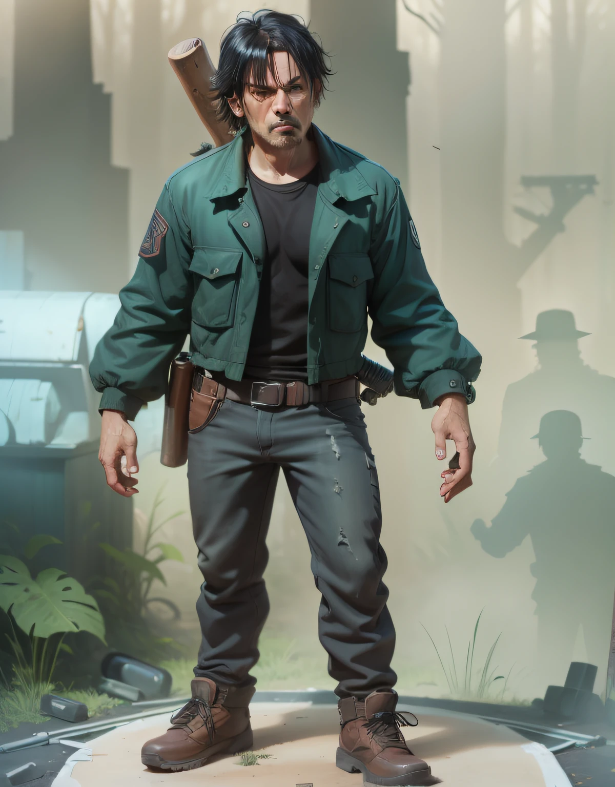 Man, baseball bat on the back, pistol on the waist, black hair, forest behind, dirty and old clothes.