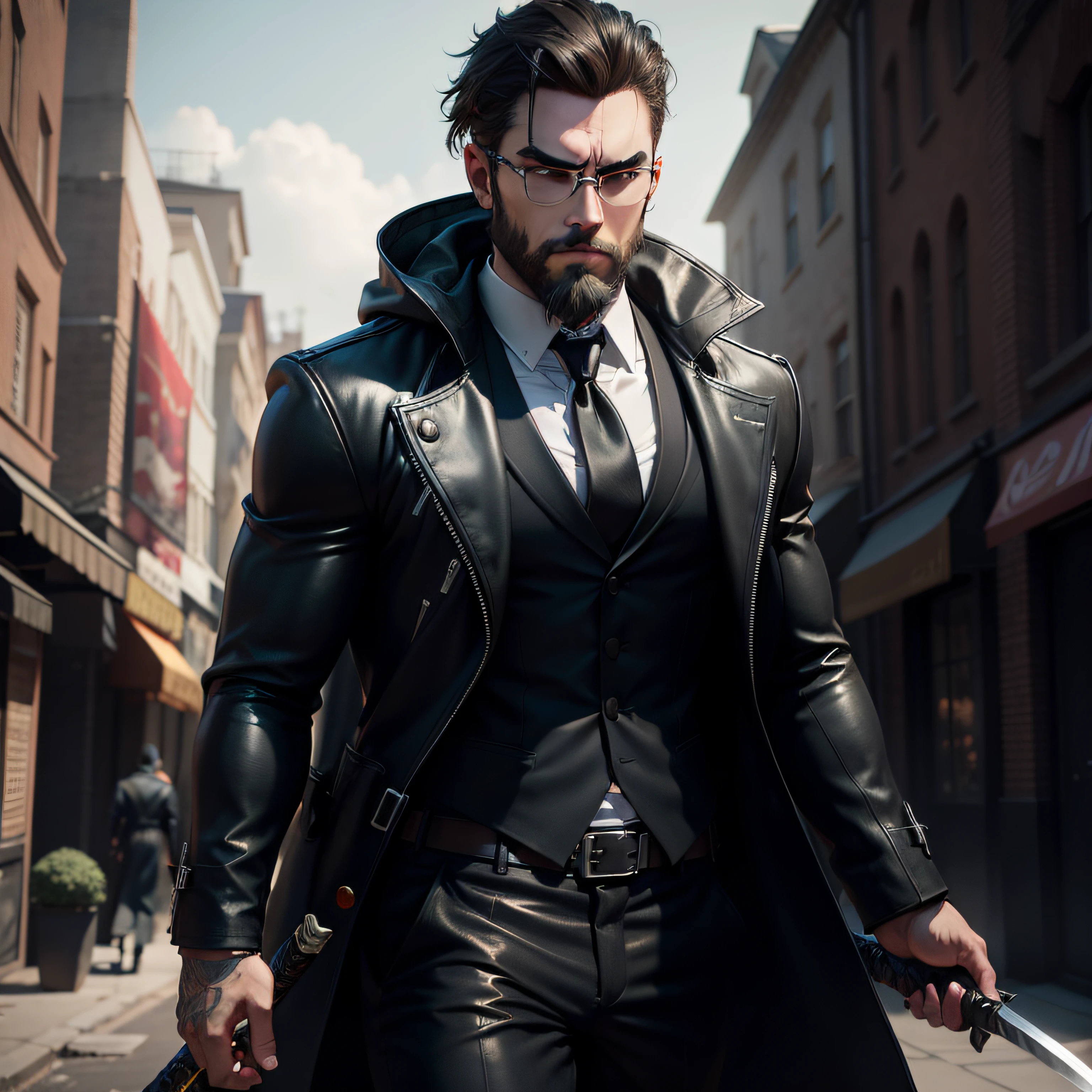 a modern day assasin in black coat with a tie, muscular and a little beard , and a katana in right hand, 3d pixar