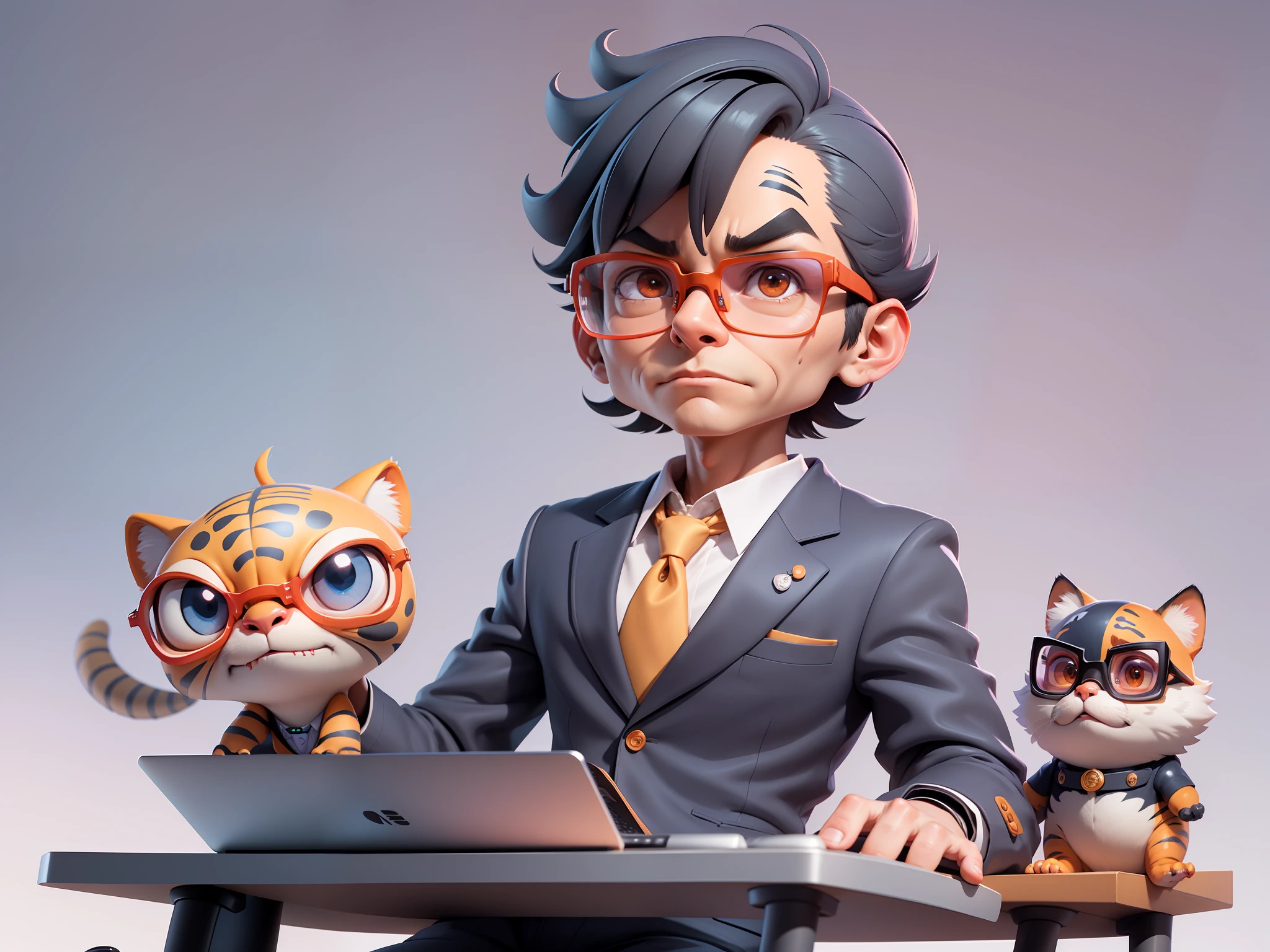 A young man in a suit, Short hair and glasses sat at his desk，holding laptop，digitial painting，tigre，3D character design by Mark Clairen and Pixar and Hayao Miyazaki and Akira Toriyama，4K HD illustration，Very detailed facial features and cartoon-style visuals。