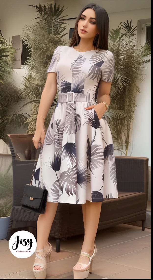 a woman in a dress standing on a patio with a bag, vestido elegante, elegantes estampas tropicais, vestido, muito atraente, estilo muito bonito, cativante e atraente, vestir, vestido sofisticado, Vestido Vintage, foto pinterest, roupa intrigante, 2263539546], vestido simples, vestindo uma roupa elegante, wearing a summer dress