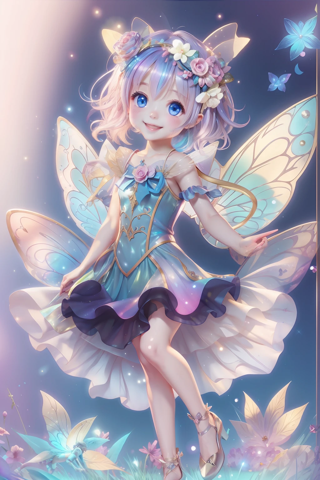 Cute fairy with a sense of transparency、Bright smile、Have fun playing、Beautiful background、Bright background、Iridescent background