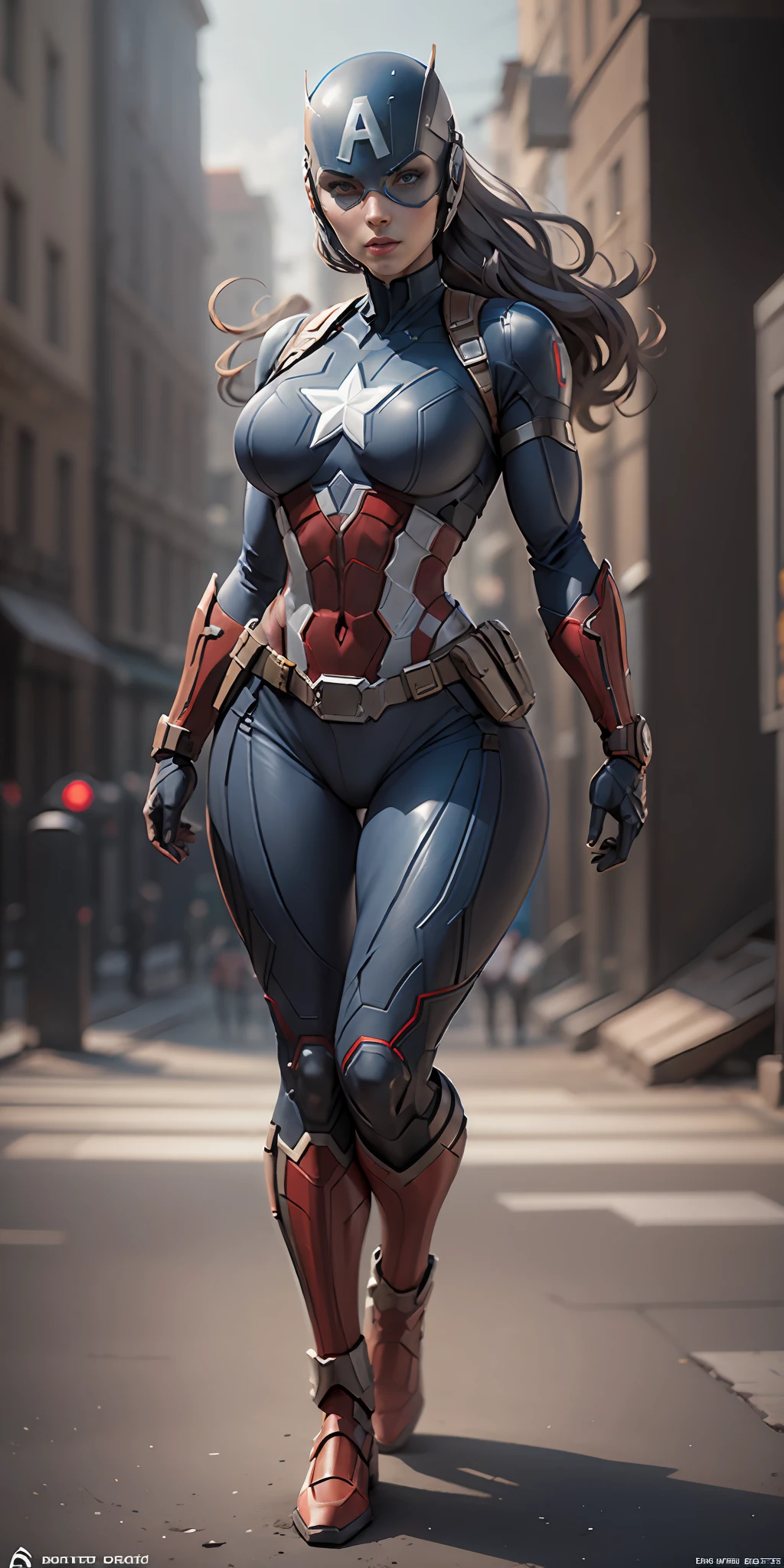 Woman dressed as Captain America from Marvel, big breasts, frontal, full-length, looking at the camera, facing the audience, standing pose, simple background, three-dimensional light, detailed full-body concept, sleek digital concept art, beautiful full-body concept art, art trend, full-length CGsociety,