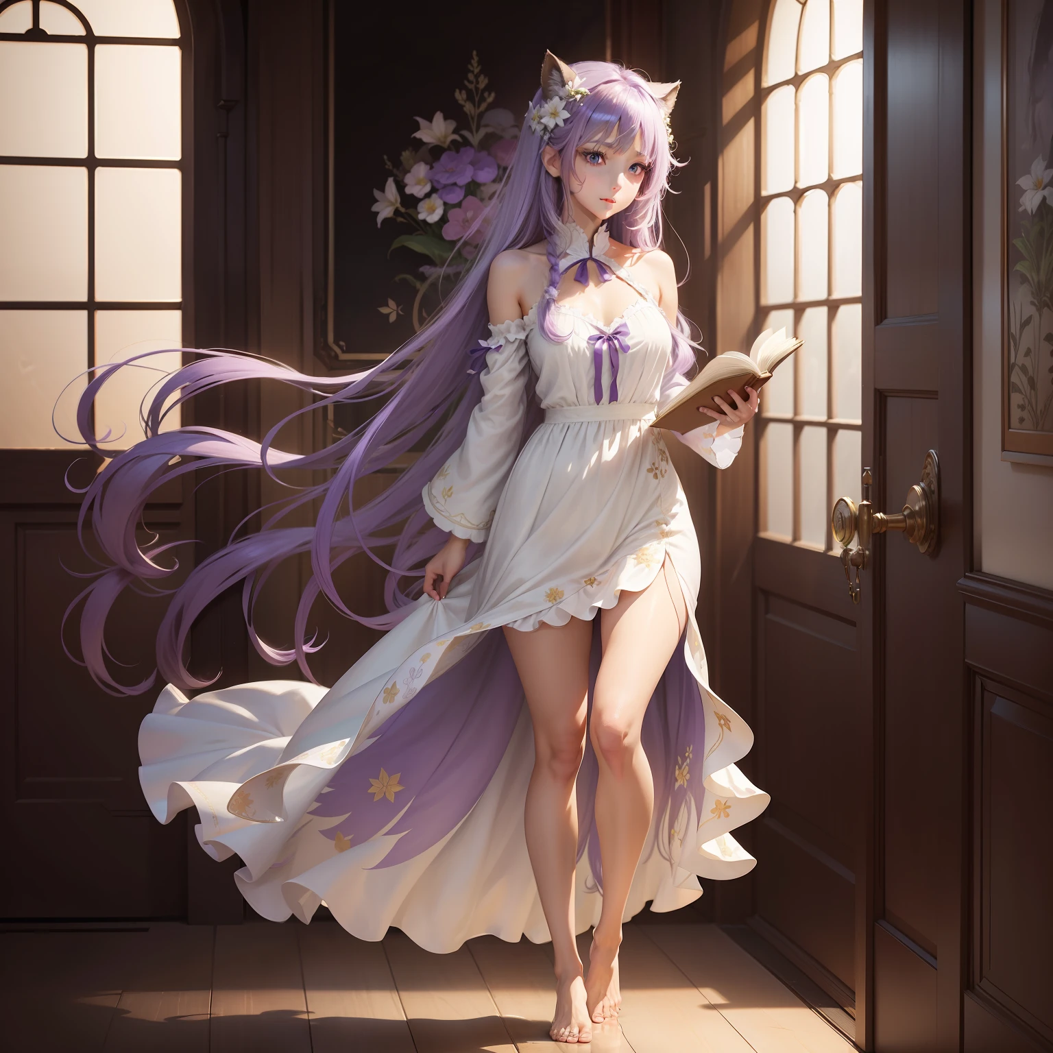 ((best qualtiy)), ((tmasterpiece)), ((ultra - detailed)), (illustratio), (Detailed light), (Extremely refined and beautiful), 1girll, 独奏, The barefoot, long whitr hair, Purple colored hair, Purple eye, nerds, full bodyesbian, komono, ahoge, looking at viewert, white dresses, Separate the sleeves, hair adornments, By bangs, halter, Wide sleeves, purple ribbon, Blushlush, ssmile, standing on your feet, As estrelas (sigature), naked leg, Very long hair, toes, ribbons, longer sleeves, jewely, the feet, Open the book, with her mouth open, Take the book, 无袖, bare shoulders, florals, frilld, Hosta, hair flower