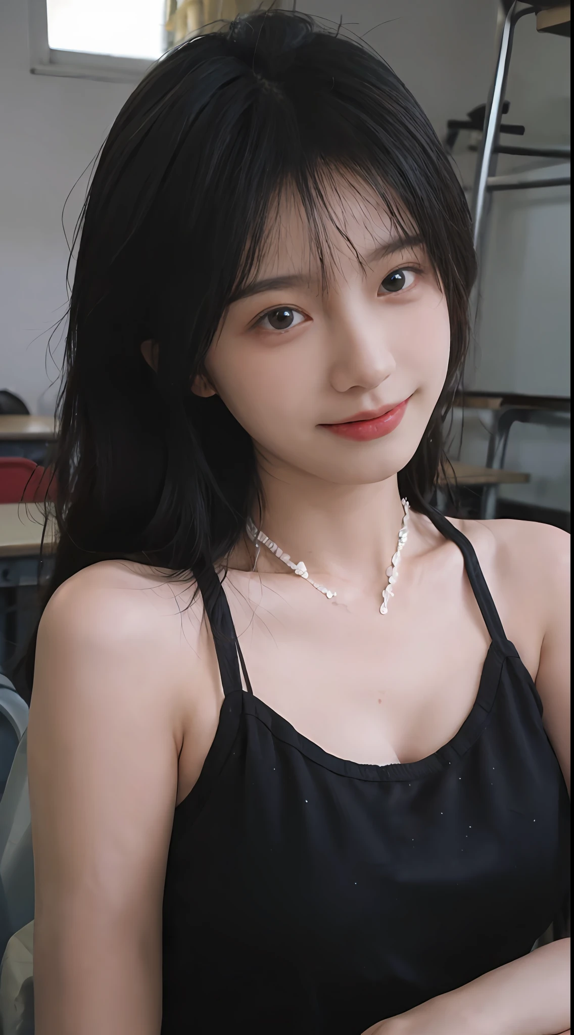best qualtiy, 超高分辨率, (realisticlying:1.4), Baoyu Girl, Black long straight,A pair of clear and moving peach blossom eyes,Royal Sister,校服,sunshine on face,(School Classroom:1.4),(choker necklace:1.2),(Fair skin:1.9),a sense of atmosphere,a beauty girl, ssmile,head straight-looking at viewer, closeup cleavage ,(Photorealistic:1.4),1girll,Sexy,(Upper body:1.4),(Wet body),(:1.2)