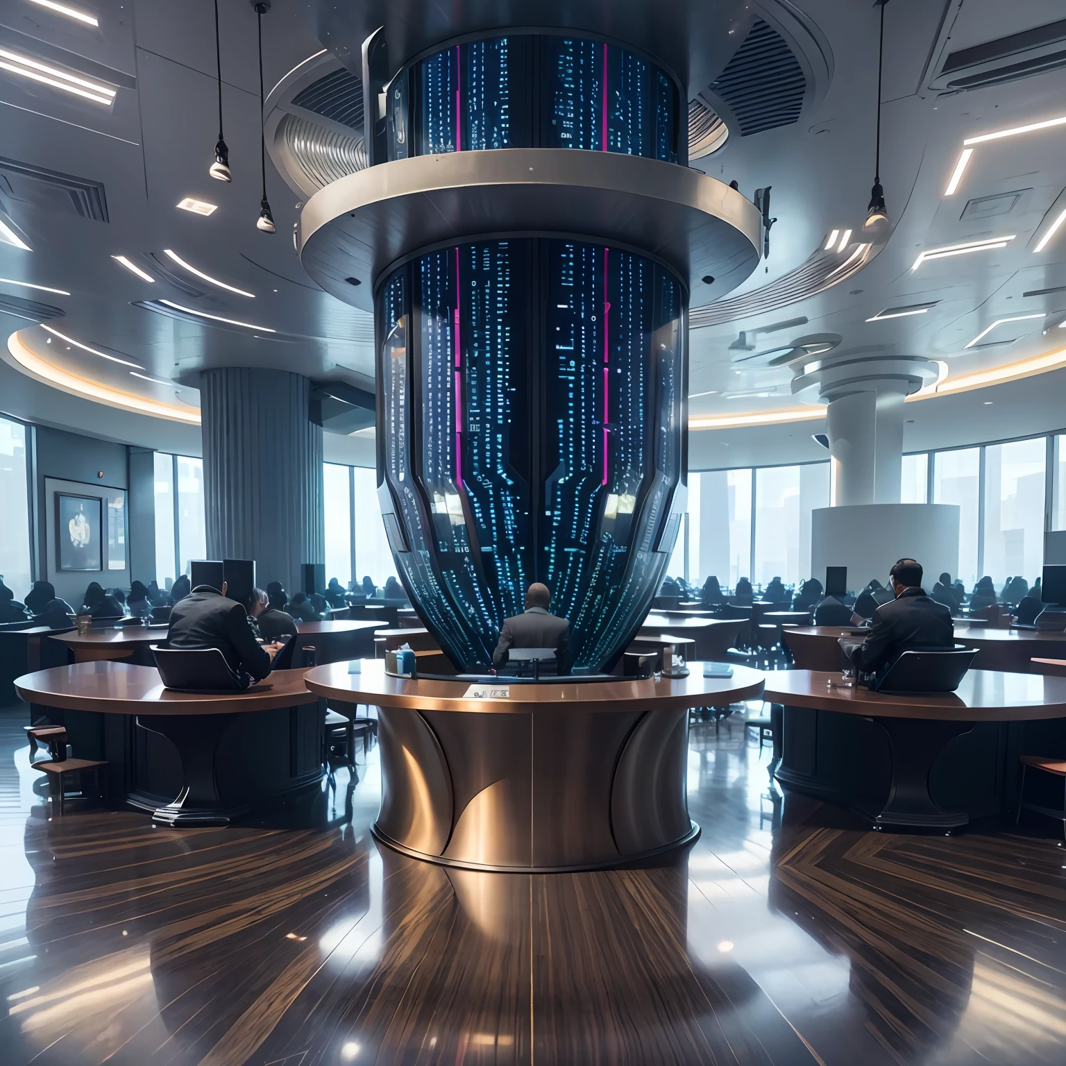 Futuristic bank lobby，There is a large table in the center of the image，There are three smart machines on the table that handle business，Next to it stands an AI digital human，The part below the waist of the presented modern 8K best quality realistic masterpiece is hidden