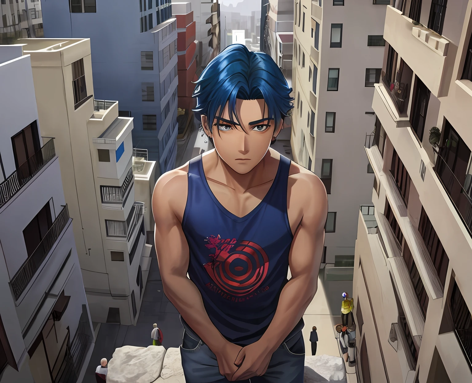 A -yeld boith blue hair stands on the fifth floor on the roof of the high school looking at a city in the distance.........From above he looks at a city with his back to the viewer 15-year-o mas no rt has a naked torso his hair is straight long Latin skin copper mestizo face, tiene traje tribal africano esta en el tejado de la secundaria mirando una cercana ciudad mira con miedo pensativo, (tercer plano cuerpo completo