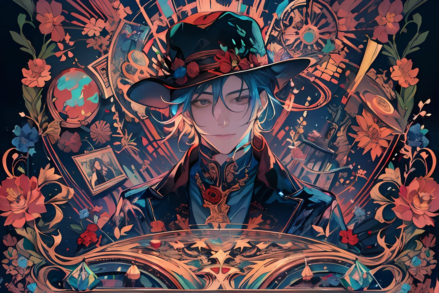 1 man, magician from Now you see me, mysterious vibe, vivid color, grim ,artistic,masterpiece, delighted face and details, high quality, digital painting, official wallpaper, ||,