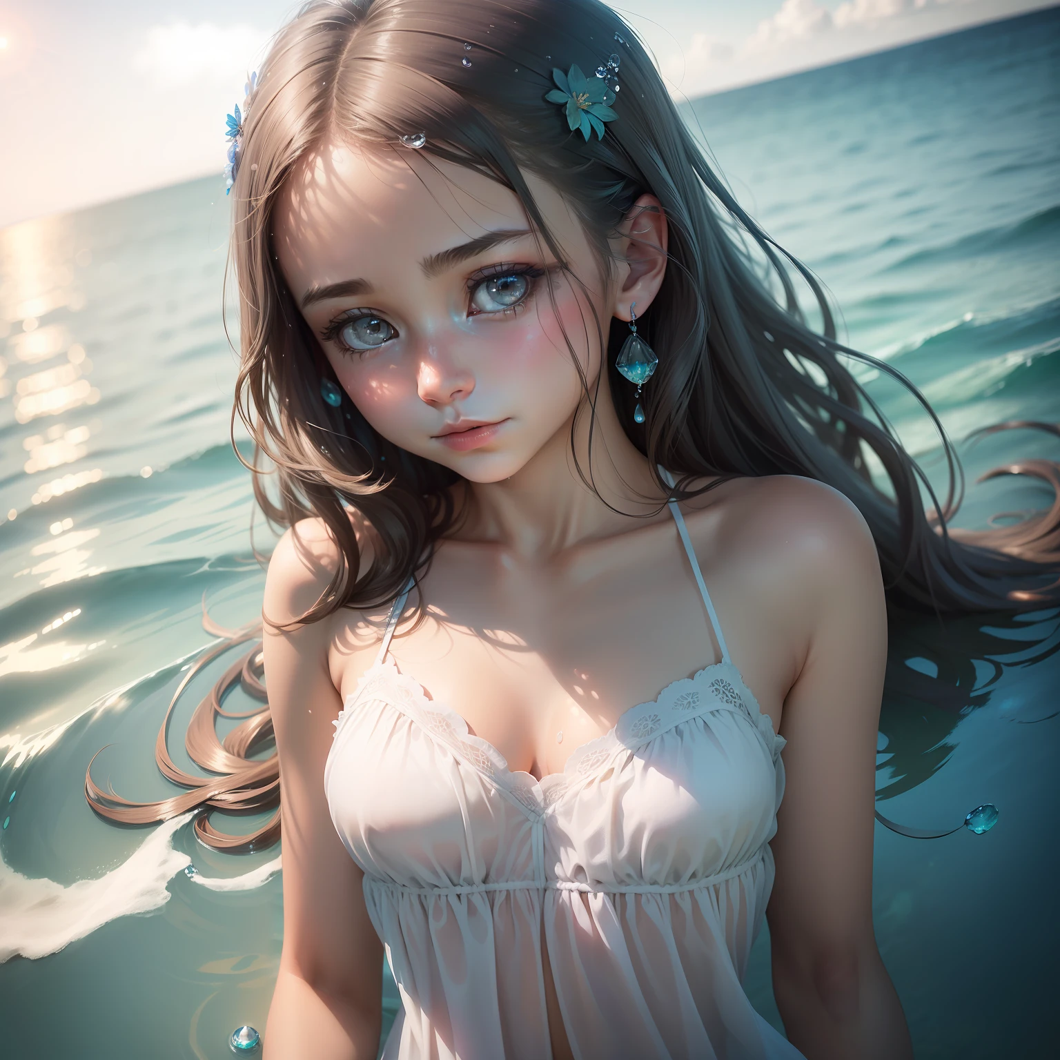 art by Cornflower, dreamy
(a girl who was ite and had beautiful detailed eyes. The depth of field in the photo was perfect, and the lens flare added a nice touch. The finely detailed features of her face really stood out, and the score for this photo was definitely greater than 10. In the background, there was a beautiful ocean with crystal clear water and water droplets on the surface. It was a stunning photo that really captured the beauty of the girl and the water.)