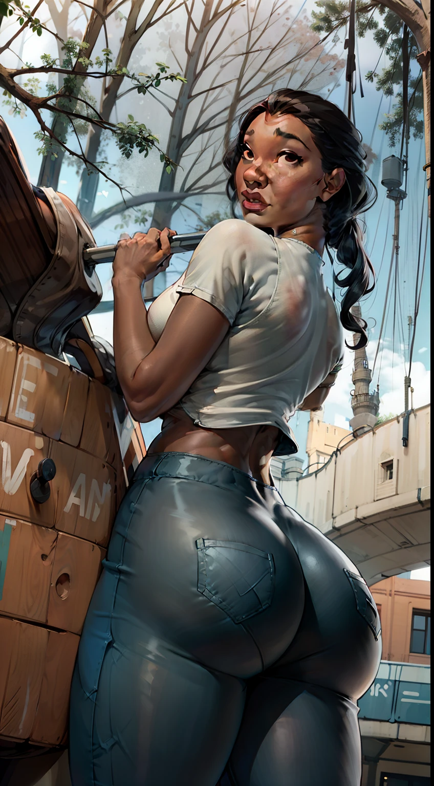 (1girl, Nani pelekai (naniwaifu), brown skin, large hair, sexy beautiful, detailed beautiful (curvy atletic body) (tight pants), standing next to a tree,(thicc, 🐎🍑), huge large tight buttocks), (tight outfit), cottagecore!! fitness body, tight attire, fit girl, toned derriere, big booty, mia kischner, two piece workout clothes, back arched, view from behind, back pose, curvy accentuated booty, arched back