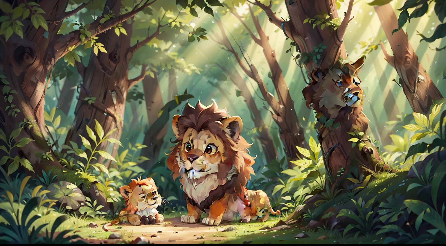 In the woods,A young lion cub