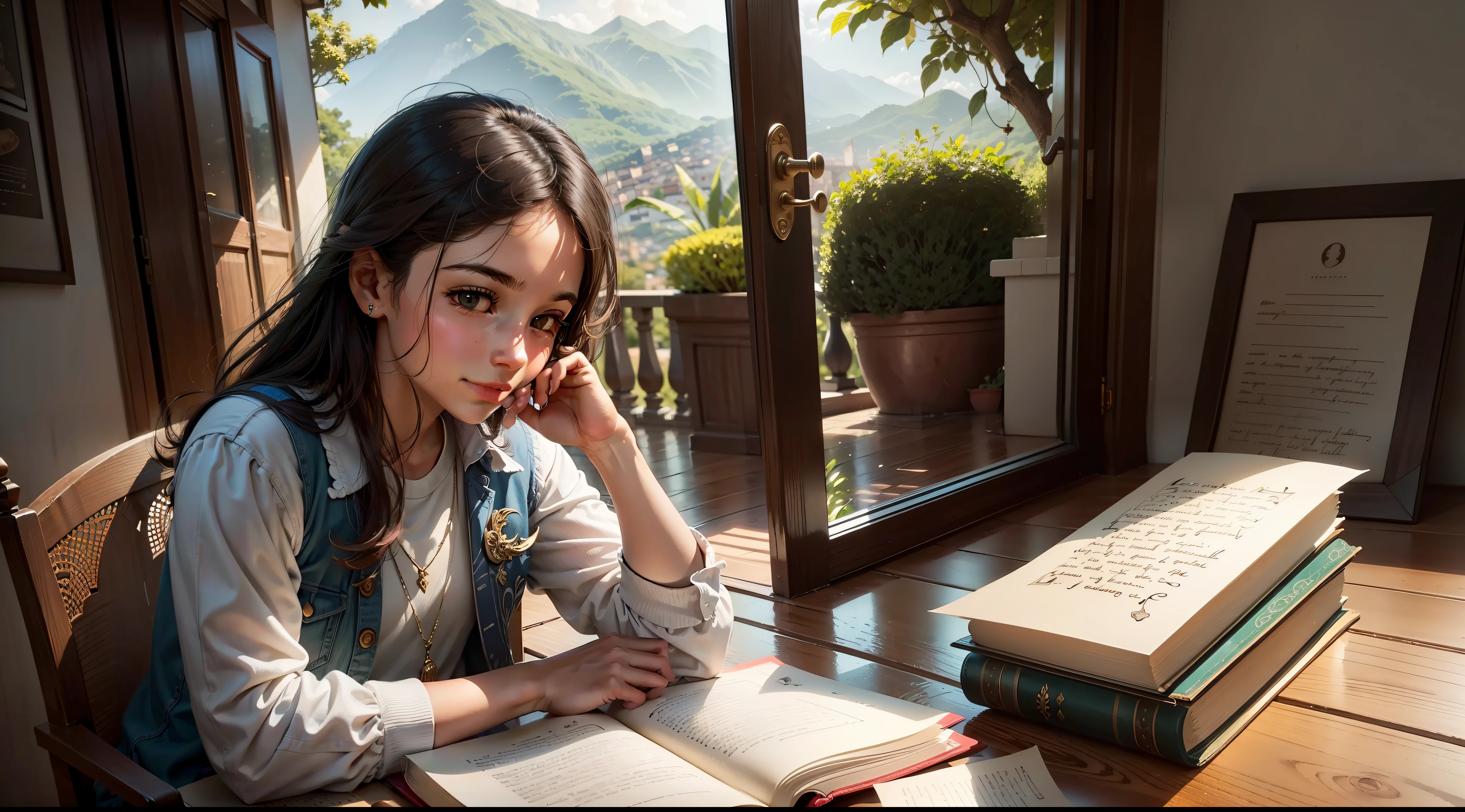 Uma pessoa em frente a um espelho, with a thoughtful expression, while holding an open journal in his hands. Sua imagem refletida parece estar sorrindo, conveying a sense of self-acceptance and reflection. The surrounding scenery is decorated with elements that represent important moments in the person's life, como fotos, old letters or significant memories.