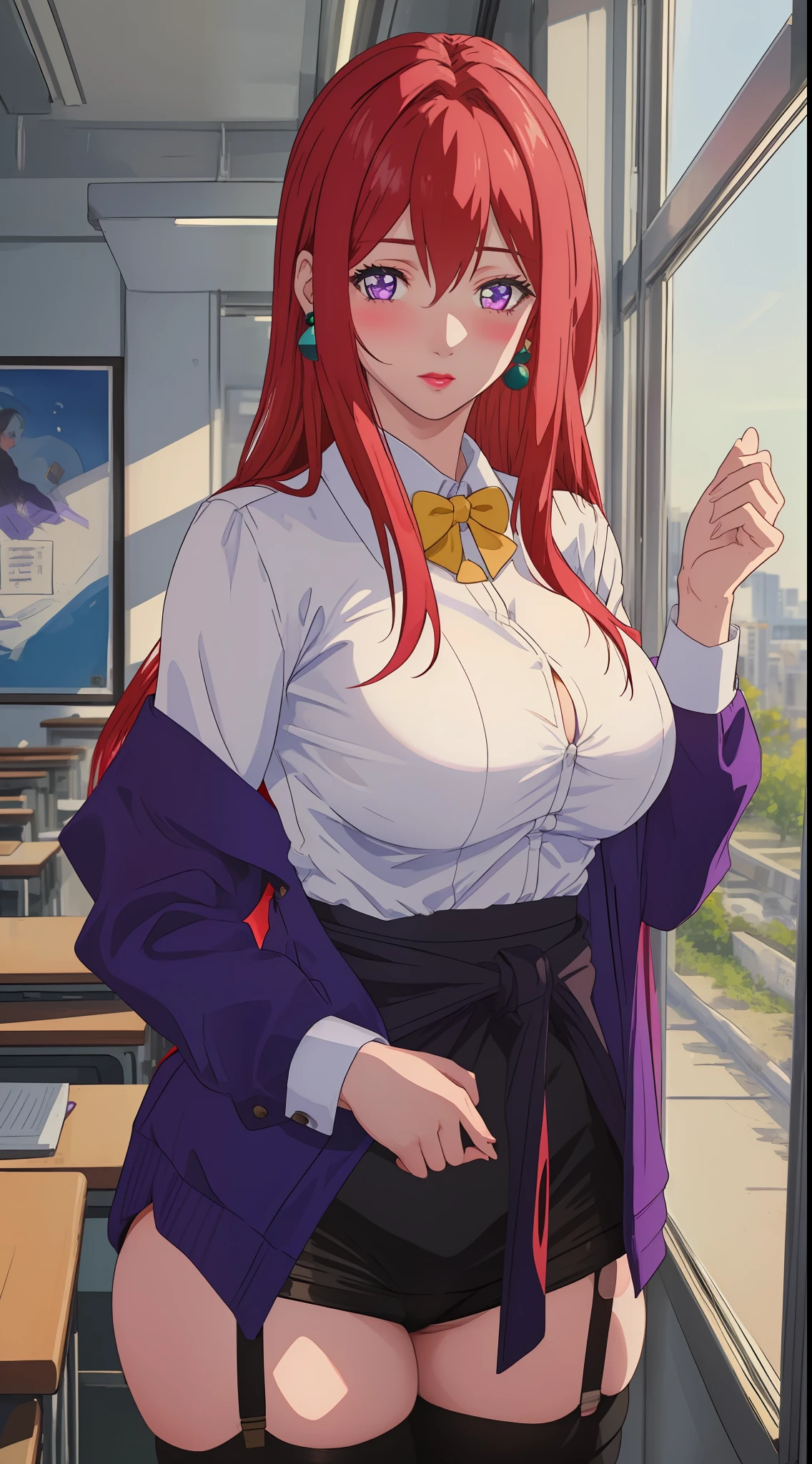 (Masterpiece, Best Quality, High Quality:1.4), professional artwork, Intricate Details, field of view, sharp focus, detailed painting, cinematic lighting, trending on pixiv, (vivid lighting, vibrant colors, by by Nagasawa Rosetsu:1.05),
Hiroko Takashiro, (mature female, milf:1.2), (40yo:1.1), (curvy:1.15), hands on waist, classroom, window, (cowboy shot:1.1), closeup, looking at viewer,
(red hair:1.05), long hair, lipstick, makeup, ultra detail hair, ultra detail face, (purple eyes:1.05), perfect eyes, perfect face, earrings, (flirting, blush:1.2),
(white shirt, purple jacket:1.1), (black thighhighs, garter belt:1.1), (zettai ryouiki:0.8), pencil skirt, school uniform, 
(Large Breasts:1.05), (Cleavage:0.9), big ass, thighs,