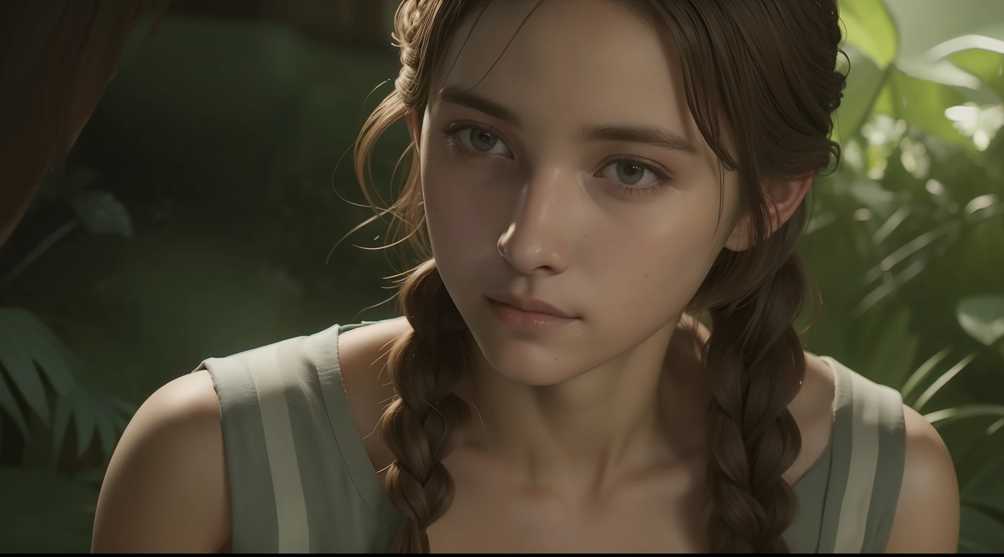 Bela jovem Ellen em vestido branco do jogo The Last of Us parte 1, Jogo, Hiperrealista, 14 anos, corpo de modelo, seios pequenos, beautiful breasts, cabelo longo, braided hair, pernas longas, 8k