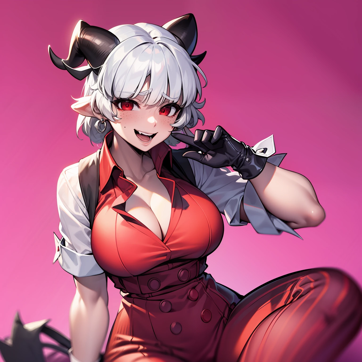 beelzebub(helltaker), freckles, white background, collarbone, 1girl, pants, large breasts, red eyes, looking at viewer, demon horns, white hair, vest, shirt, waistcoat, blush, smile, red footwear, red pants, short hair, earrings, demon girl, red gloves, cleavage, black shirt, gloves, jewelry, simple background, collared shirt, horns, white horns, solo, sitting