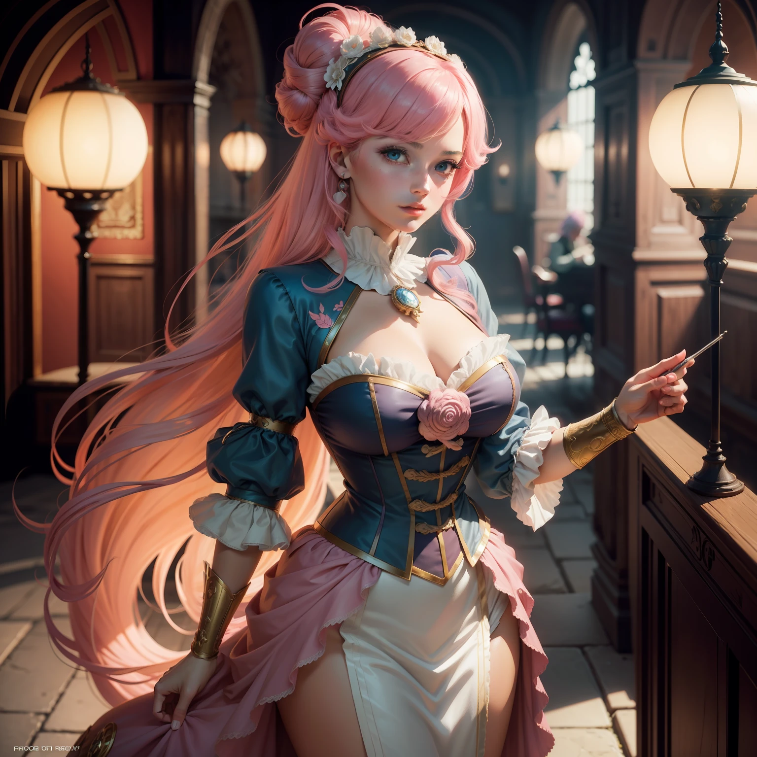 Retro old comics, Port wind, Pink hair, anime goddess, Royal sister, rococo style, cinematic lighting, viewfinder, first-person view, high detail, UHD, textured skin, super detail, high details, high quality, best quality, 8k, highres