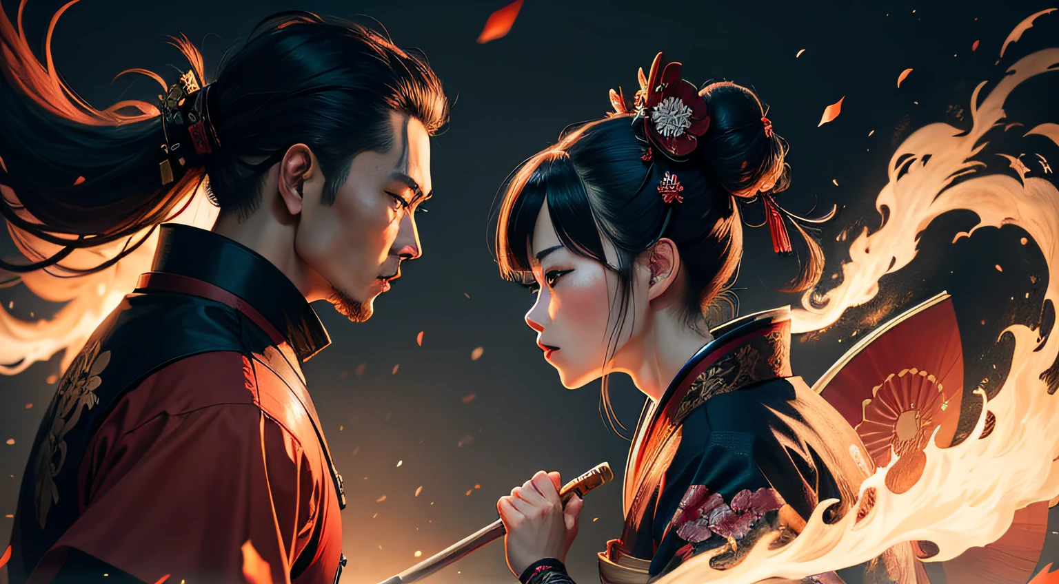 A samurai man and a geisha woman wearing a kimono fighting each other in Japan