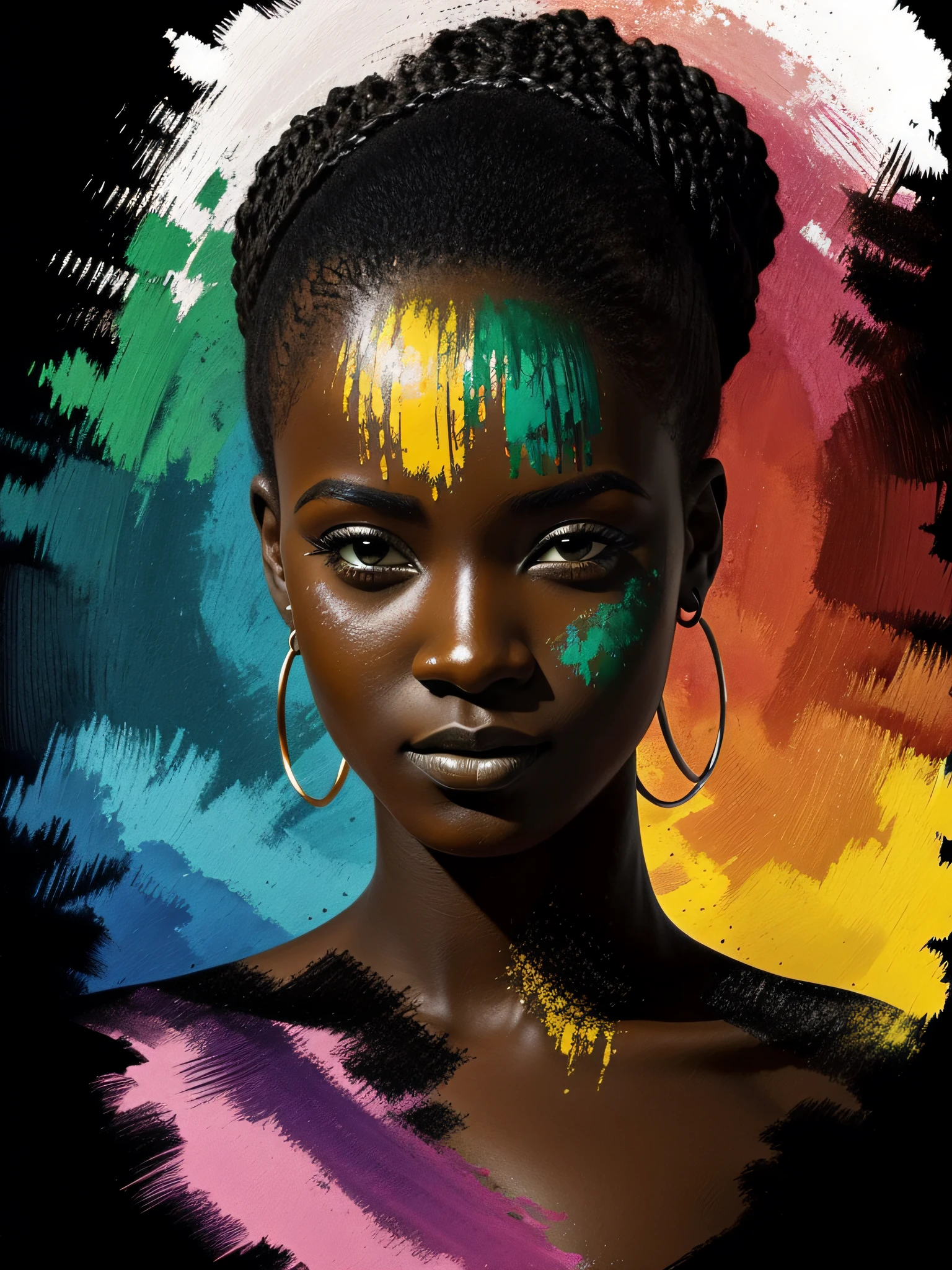 imagem de rosto de uma mulher negra estilo roupas africanas, Dispersion using paints, fundo de quadros dinamicos de imagens originais africanas