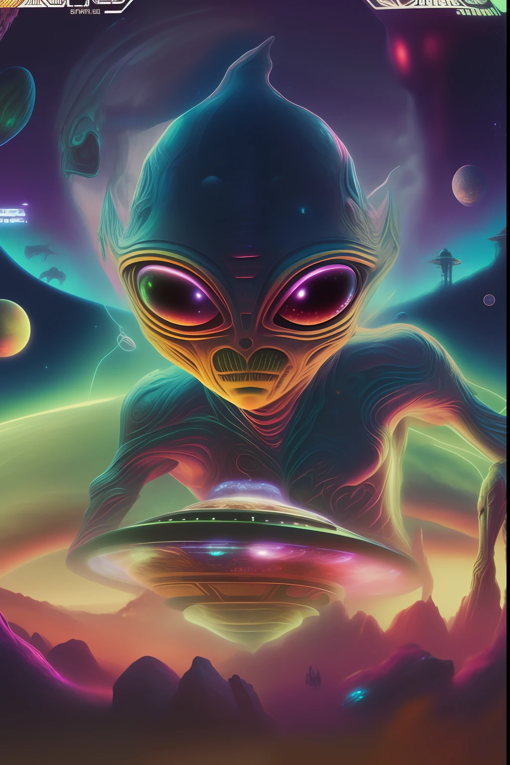 a poster of an alien with a spaceship in the background, extraterrestrial paradise, Space alien, alien art, alien vibes, galactic dmt entity, Reptilian space alien, alien art, extraterrestrials reach for him, extraterrestre, arte psytrance, aliens vivid, Alien life, psychedelic cosmic horror, arte digital sci-fi