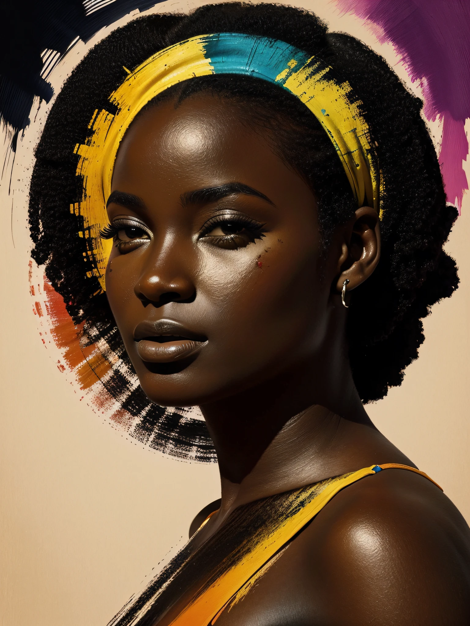 imagem de rosto de uma mulher negra estilo roupas africanas, Dispersion using paints, fundo de quadros dinamicos de imagens originais africanas