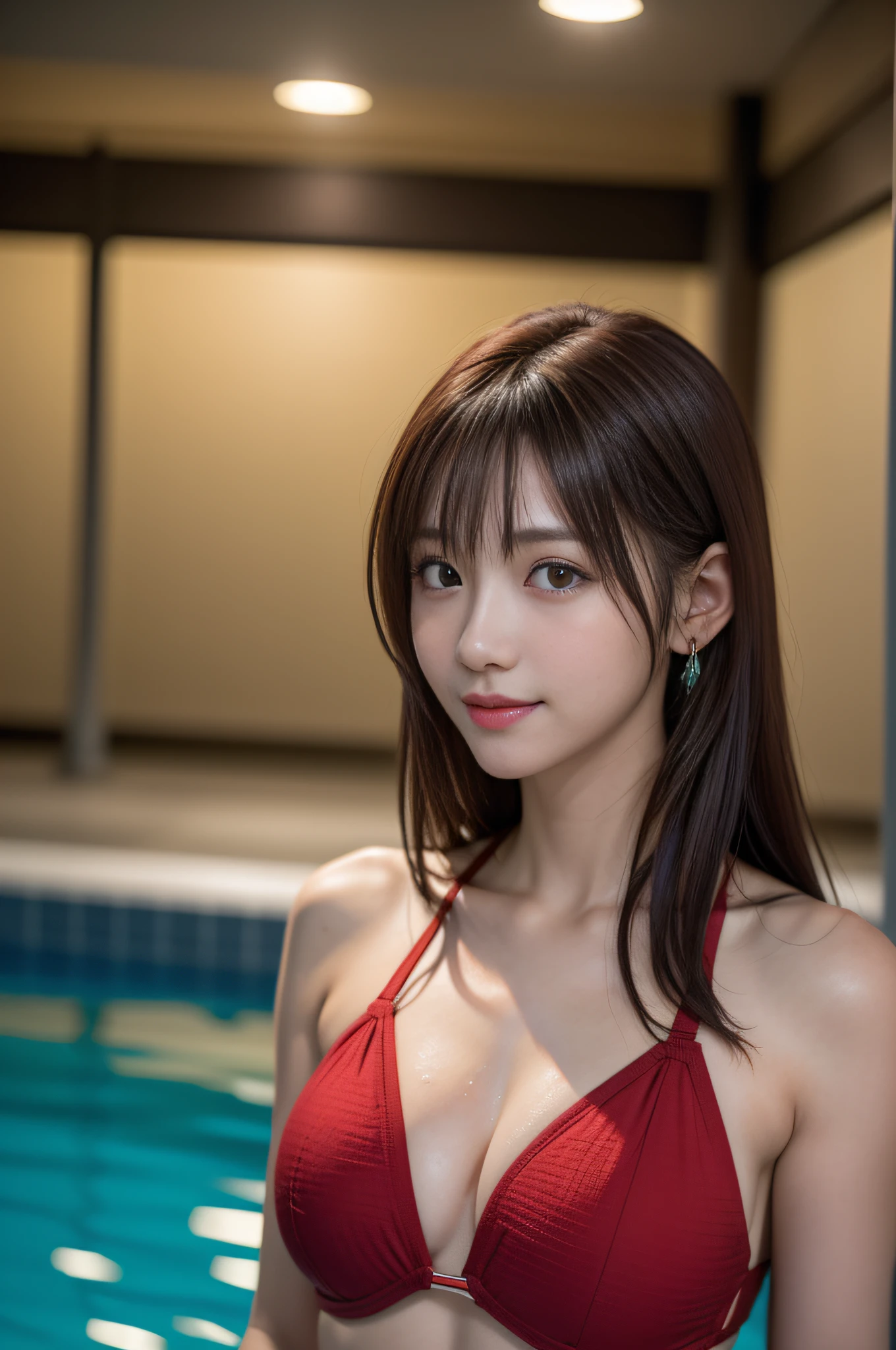 Red Bikini Swimsuit,Face Interview, (Photo Real:1.4), (hyper realisitic:1.4), (realisitic:1.3), (Smooth lighting:1.05), (Improve video lighting quality:0.9), 1womanl, a 20 yo woman, Realistic lighting, Back lighting, Facial light, raytrace, (cheerfulness:1.2), (Improved image quality:1.4), (Finest Real Textured Skins), finely eye, a small face, Red cheeks, skinny body, medium-breasted pointed jaws,,,,,,, Korean Idol, Nogizaka Idol, glowy skin, hposing Gravure Idol, P, Blunt bangs, light brown hair, hair behind ear, hair over shoulder, Long hair,Tear bag,。Kuroko under the eyes、swimming pools