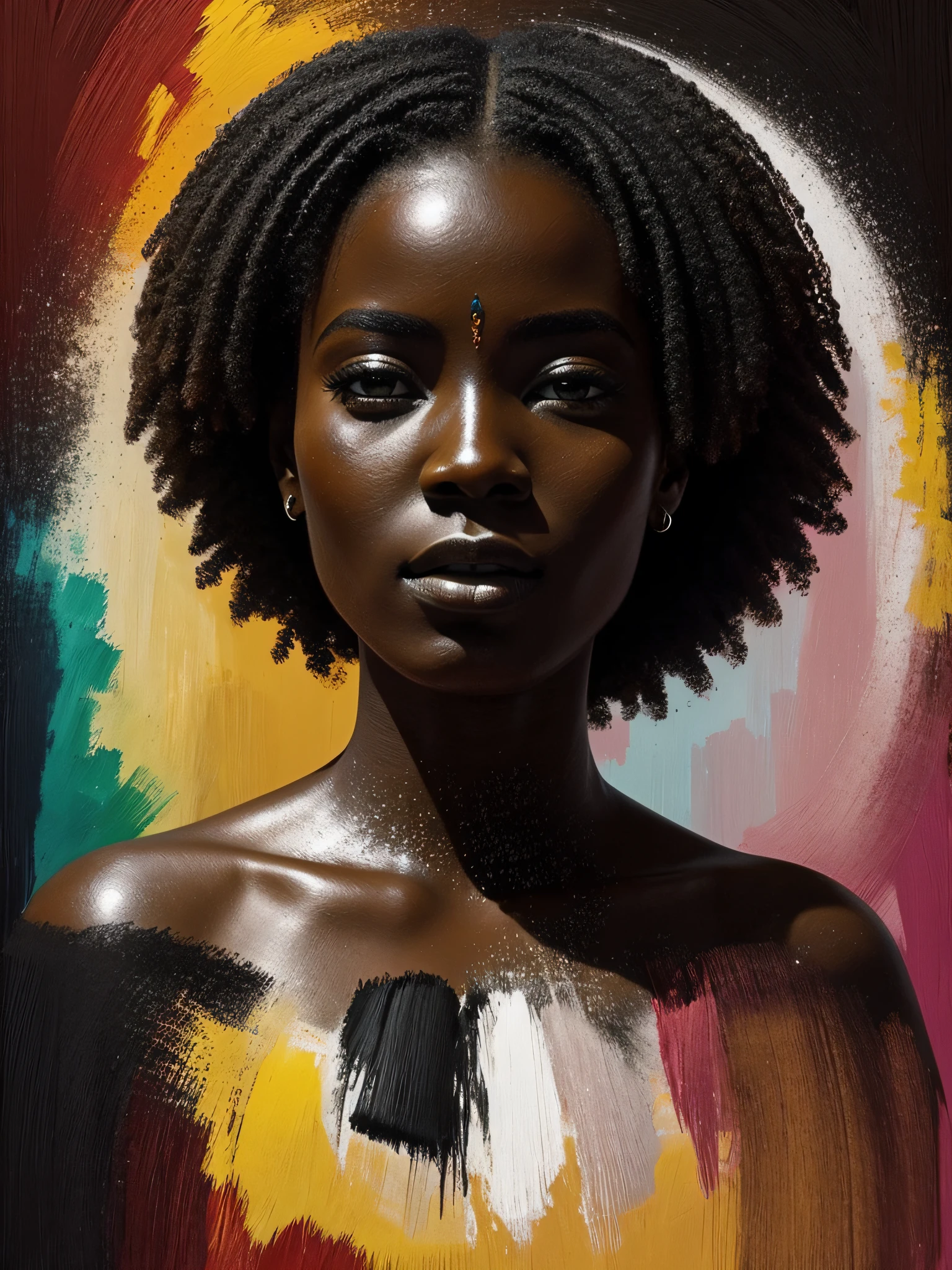 imagem de rosto de uma mulher negra estilo roupas africanas, Dispersion using paints, fundo de quadros dinamicos de imagens originais africanas