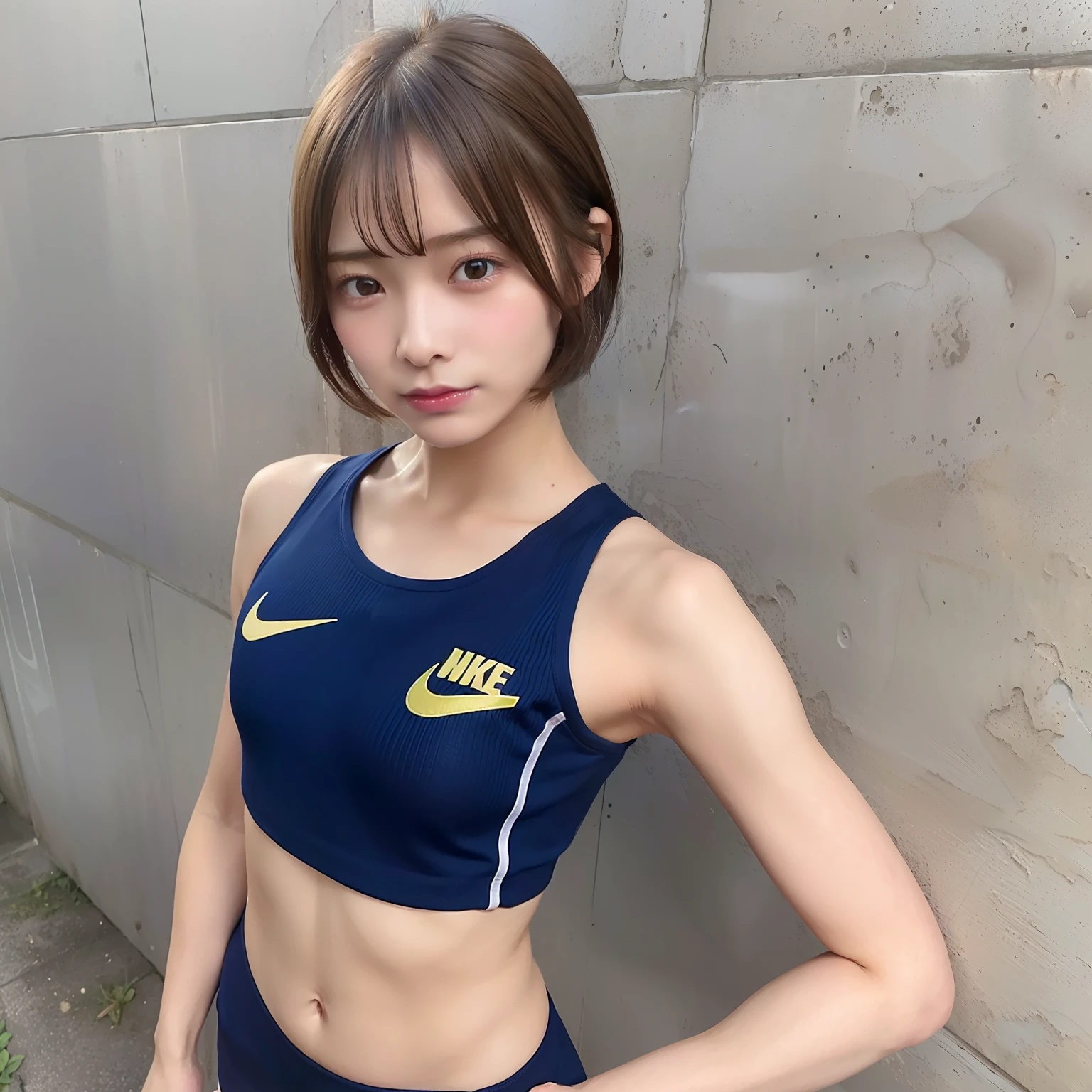 (solo), (a detailed full body RAW photo of a girl), (masterpiece:1.0), (best quality:1.4), (ultra highres:1.2), (photorealistic:1.4), 8k resolution, Canon EOS R5, 50mm, absurdres, ultra detailed, (22yo), sharp focus, cinematic lighting, detailed beautiful face, (no make up:1.2), (ulzzang-6500-v1.1), petite figure, detailed skin texture, pale skin, flat chest, (skinny and fit body:1.6), thigh gap, detailed brown hair, sweltering,(very short hair:1.5), smiling, (very small and simple and blue nike tracksuits for competition:1.5), realistic glistening skin, (sweating:1.45), slim waist, seductive smile,play sport, (protruding nipples:1.8), (showing camel toe:1.5), (feet without stockings:1.3), (athlete), (athletic feald), (matte textured fabric), (satomi ishihara:1.0)