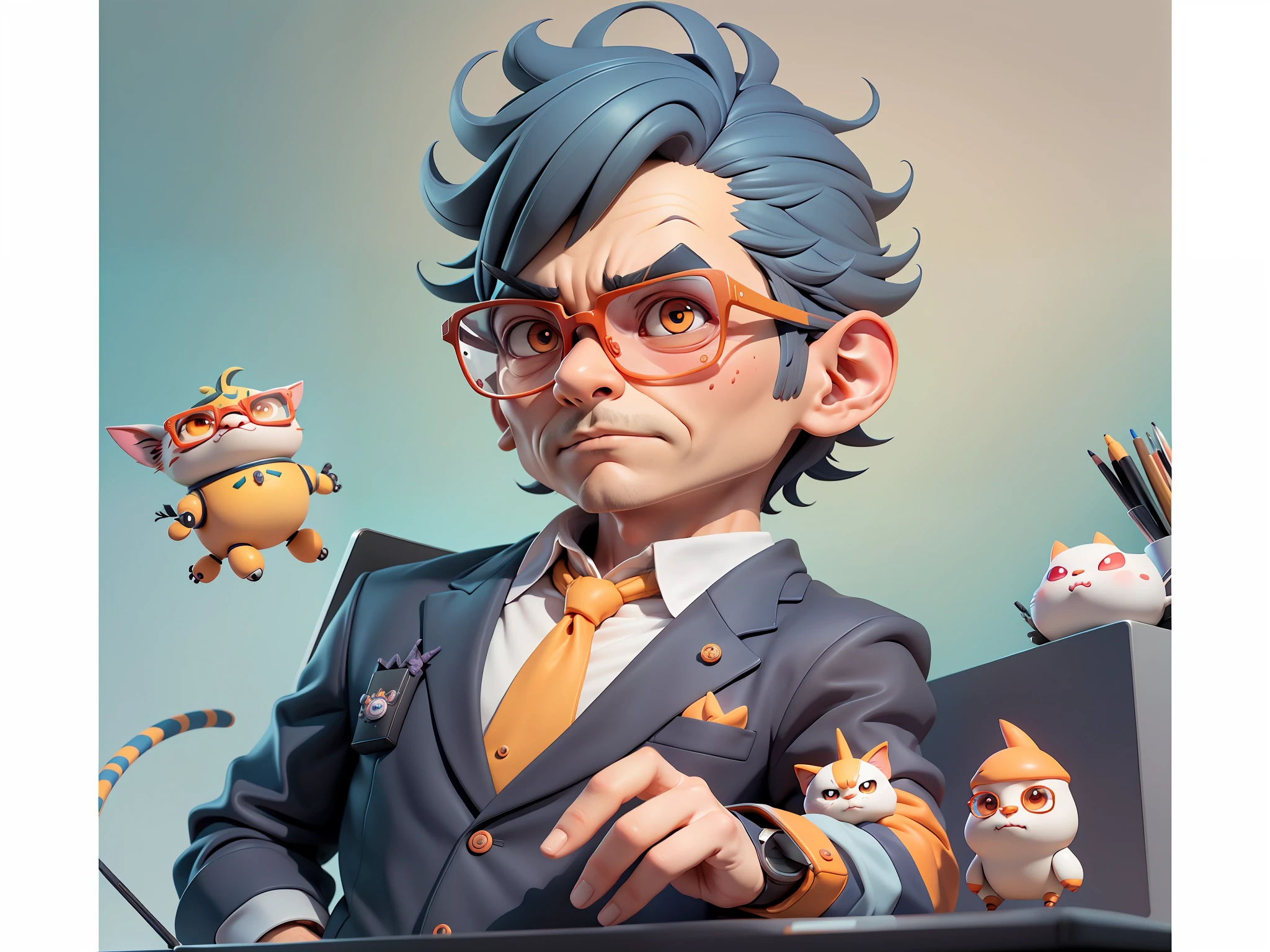 A young man in a suit, Short hair and glasses sat at his desk,holding laptop,digitial painting,tigre,3D character design by Mark Clairen and Pixar and Hayao Miyazaki and Akira Toriyama,4K HD illustration,Very detailed facial features and cartoon-style visuals。