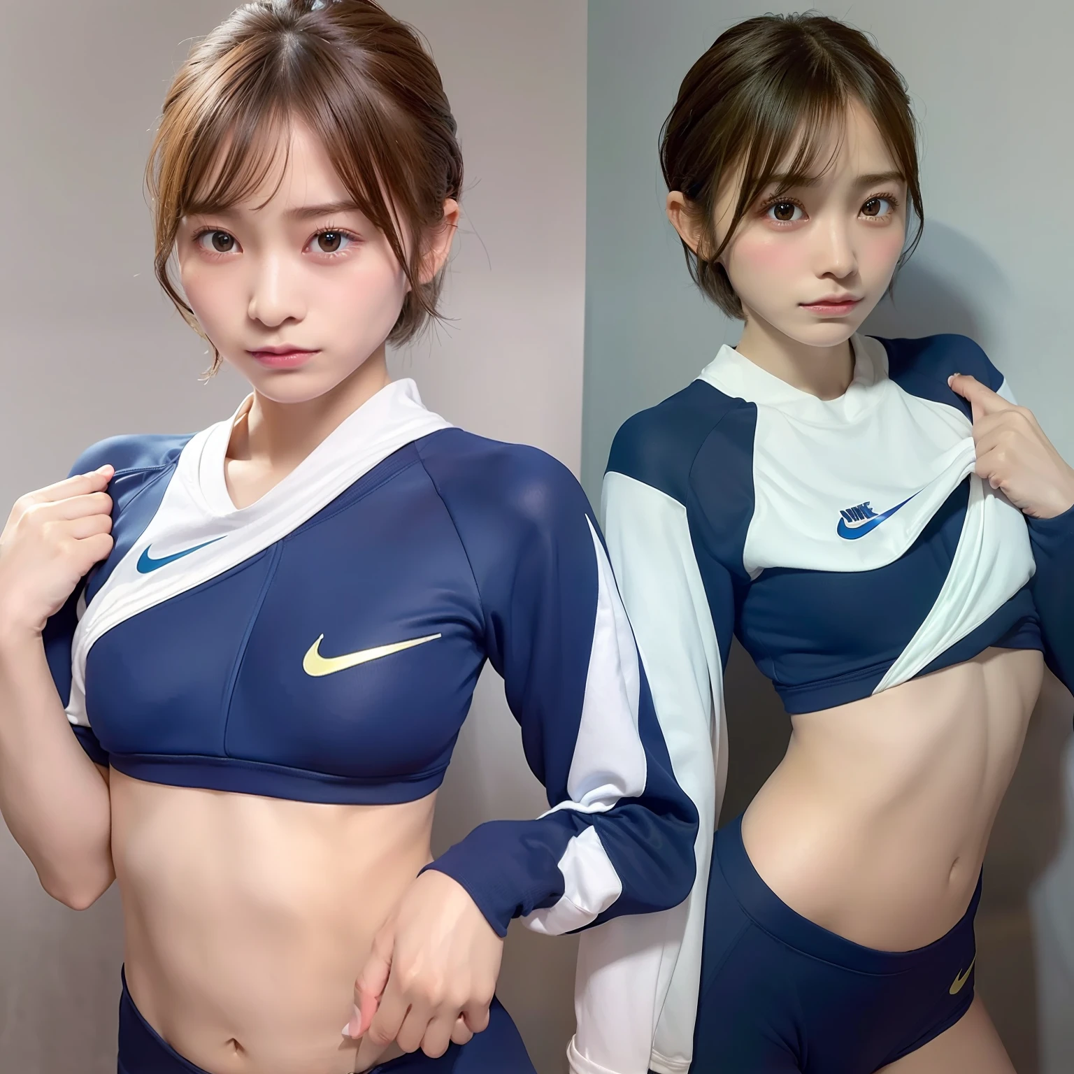 (solo), (a detailed full body RAW photo of a girl), (masterpiece:1.0), (best quality:1.4), (ultra highres:1.2), (photorealistic:1.4), 8k resolution, Canon EOS R5, 50mm, absurdres, ultra detailed, (22yo), sharp focus, cinematic lighting, detailed beautiful face, (no make up:1.2), (ulzzang-6500-v1.1), petite figure, detailed skin texture, pale skin, flat chest, (skinny and fit body:1.6), thigh gap, detailed brown hair, sweltering,(very short hair:1.5), smiling, (very small and simple and blue nike tracksuits for competition:1.5), realistic glistening skin, (sweating:1.45), slim waist, seductive smile,play sport, (protruding nipples:1.8), (showing camel toe:1.5), (feet without stockings:1.3), (athlete), (athletic feald), (matte textured fabric), (satomi ishihara:1.0)