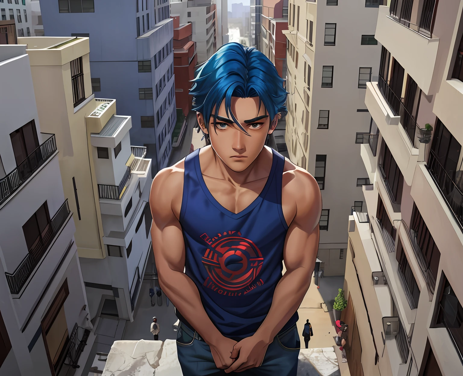 A -yeld boith blue hair stands on the fifth floor on the roof of the high school looking at a city in the distance..........From above he looks at a city with his back to the viewer 15-year-o mas no rt has a naked torso his hair is straight long Latin skin copper mestizo face, tiene traje tribal africano esta en el tejado de la secundaria mirando una cercana ciudad mira con miedo pensativo, (tercer plano cuerpo completo