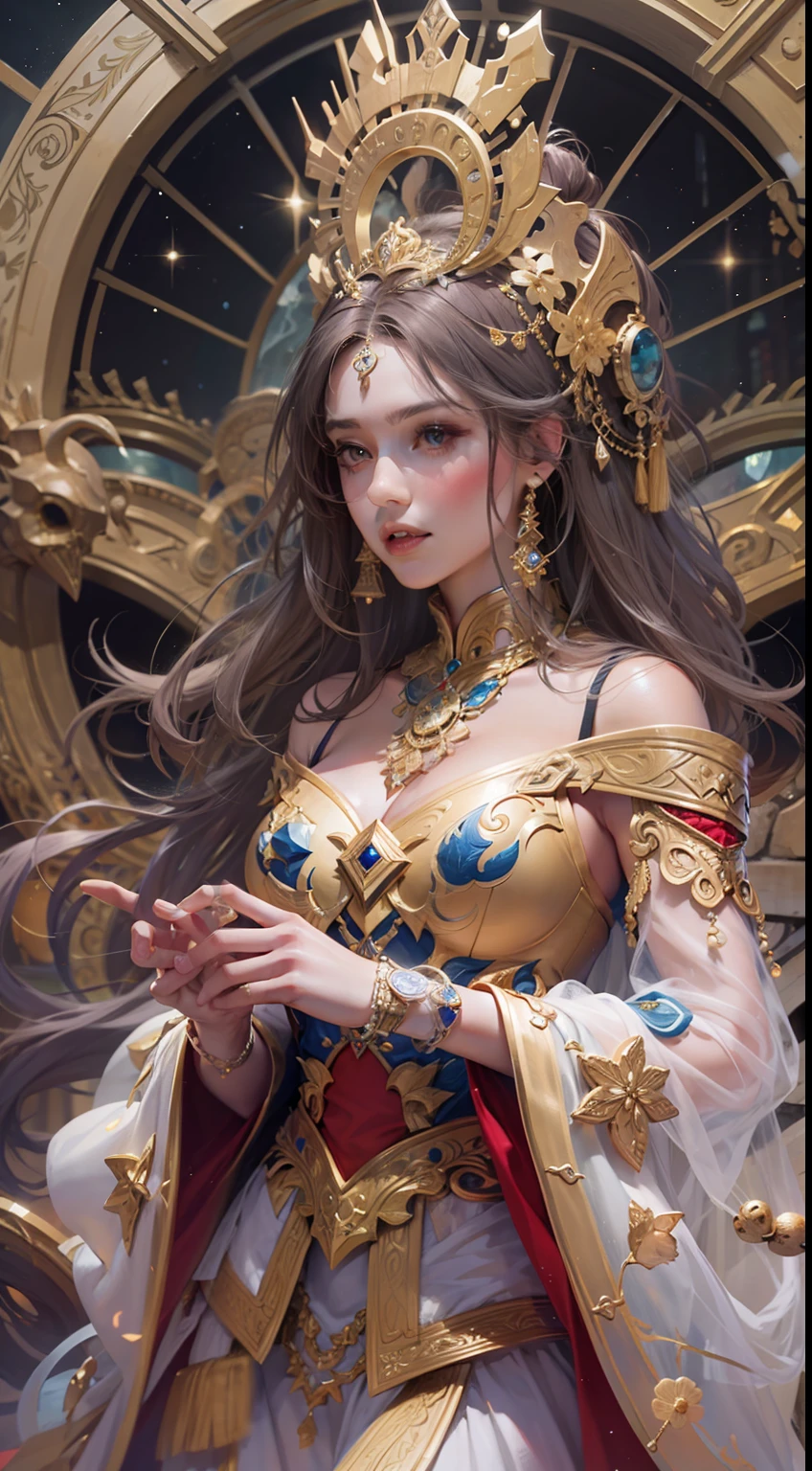 Beautiful woman in insanely intricate Celestial Bard Outfit