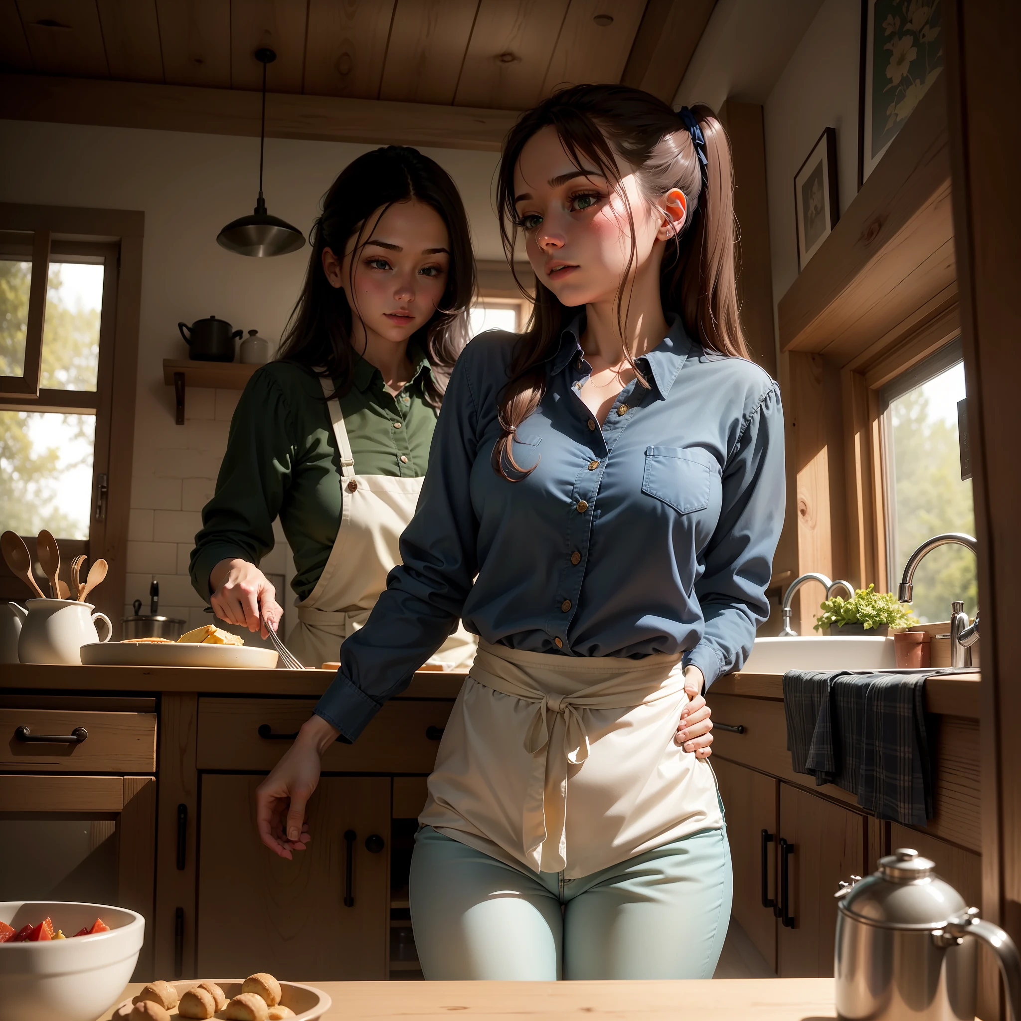 Cristina is in the kitchen in her house in the wooden field, wearing dark blue jeans and a green wool blouse. Cristina is doing the dishes after eating breakfast!