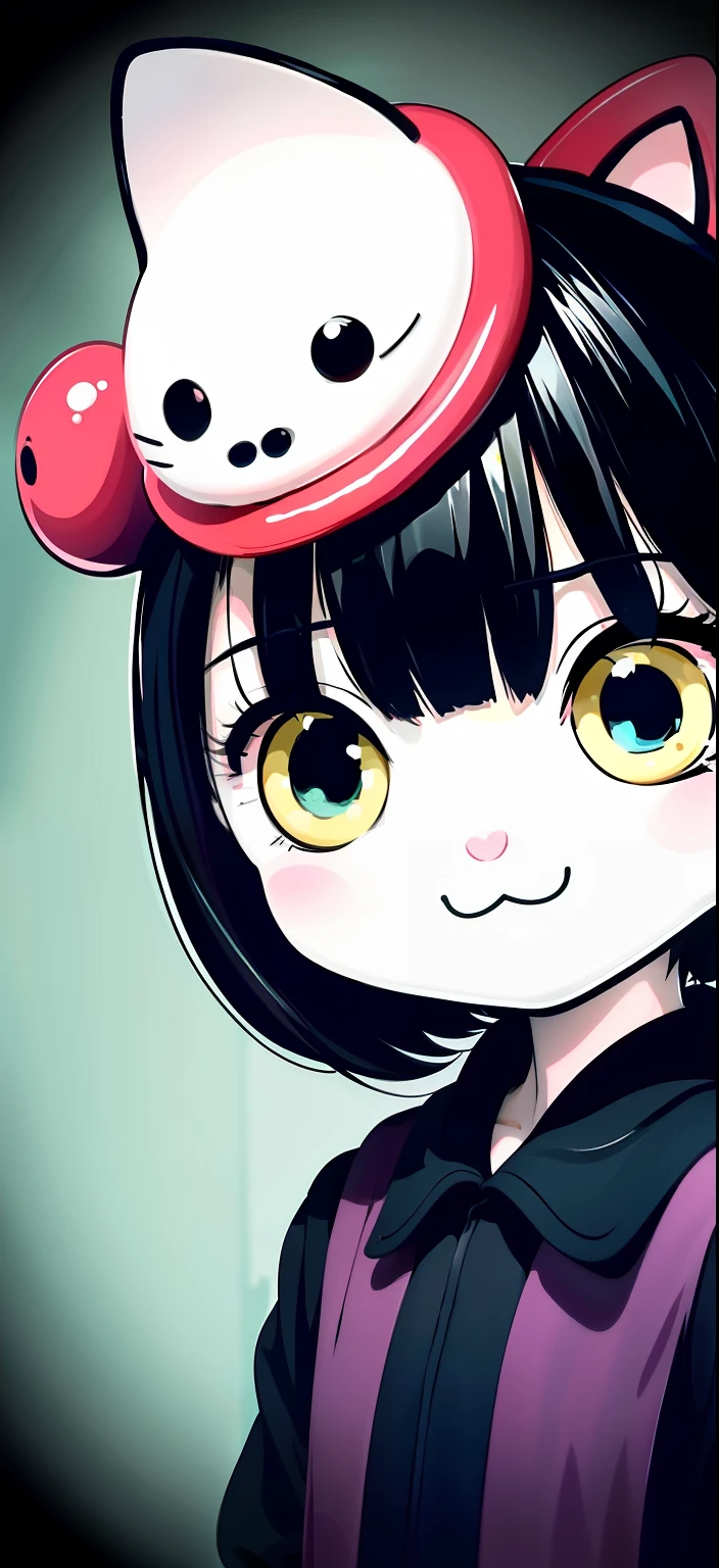 Close-up of cartoon cat in hat, creepy kawaii, kawaii rainy gloomy, Gloomy, Kawaii chibi, sanrio, Cartoon Cute, very very kawaii, gloomy style, kawaii, komono, author:Master of Han Chinese, candypunk character design, lovely art style, cute kawaii girls, inspired by Kanō Takanobu