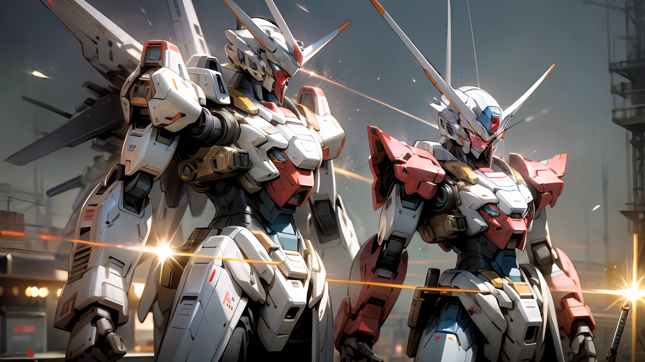 Super realistic,2 Gundam Warriors,Weapon in hand,Duel status,combat state,Laser cannon,Laser sword,battleground background,wallpaper hd,8K, mecha