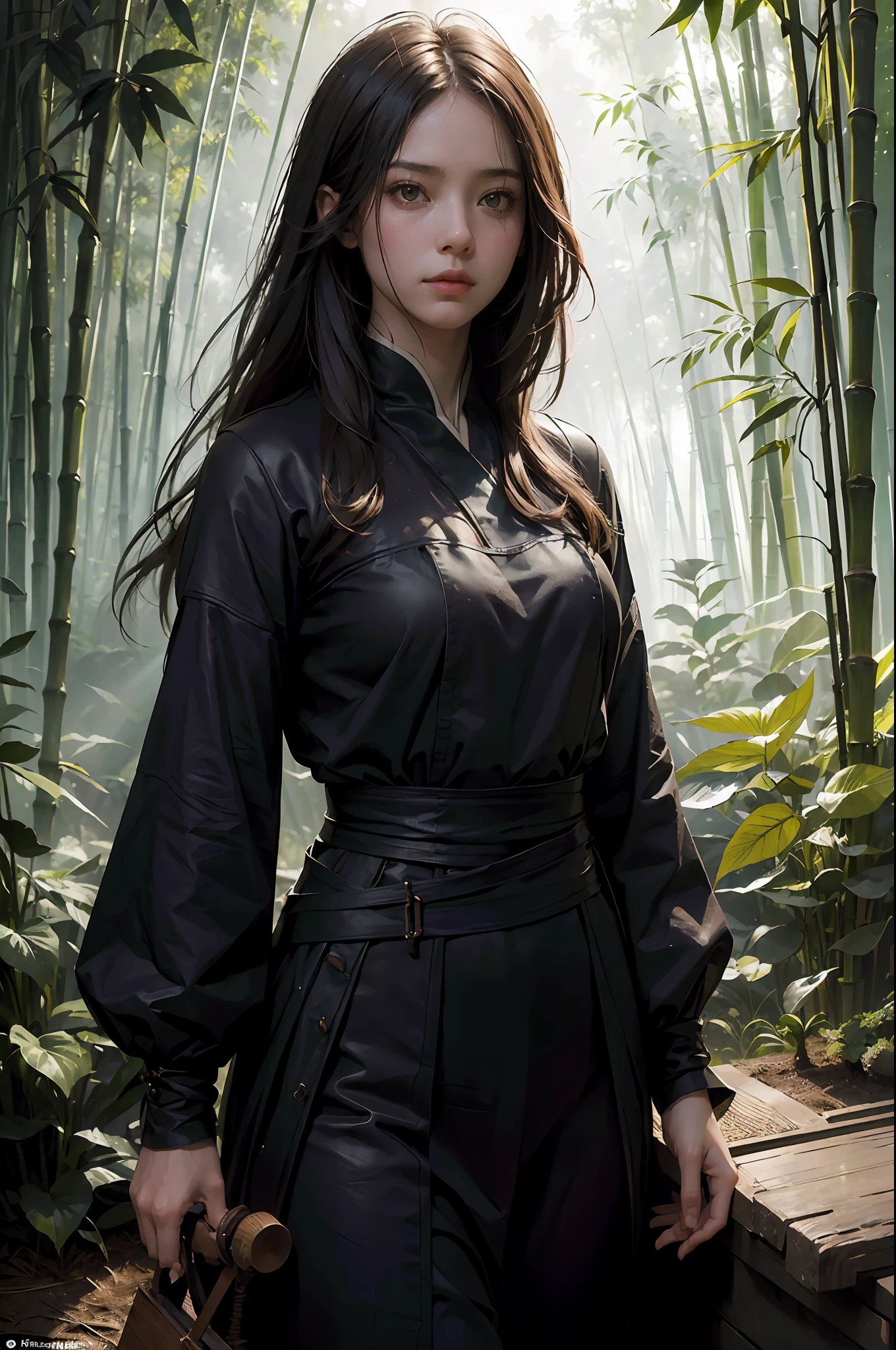 (masterpiece, best quality), ((1girl, solo, adult woman)), intricate, wandering cultivator, bamboo forest, the calm before the storm, muted color scheme, dark background, meticulously composed photos, impressive, dark fantasy (by Greg Rutkowski: 1.2), (by daarken: 1.5)