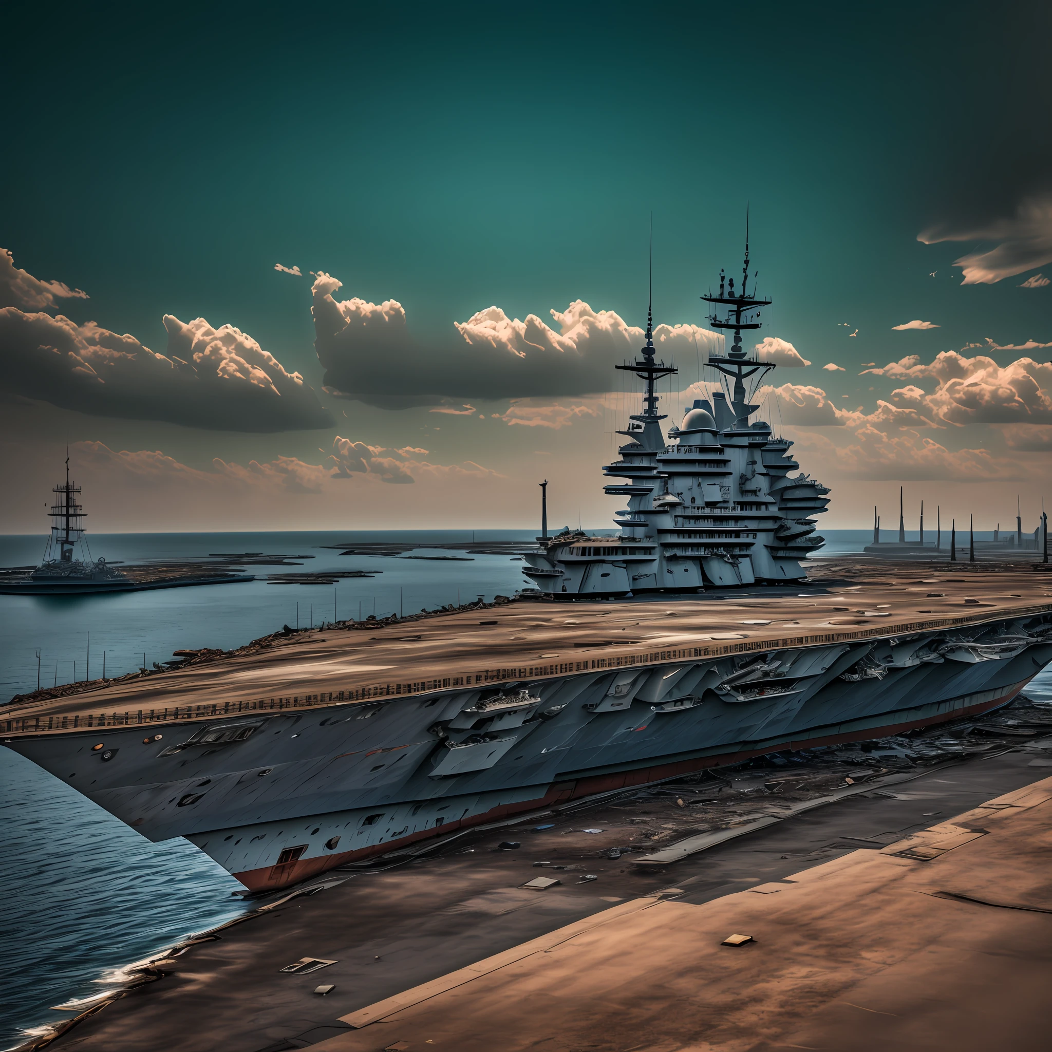 full shot, ruined rusty aircraft carrier in a ruined seaport in a post-apocalyptic world post-apocalyptic atmosphere, dramatic light, cinema grading, high resolution, 32k, clear focus, hdr, hyperphotorealism, photo style --auto --s2
