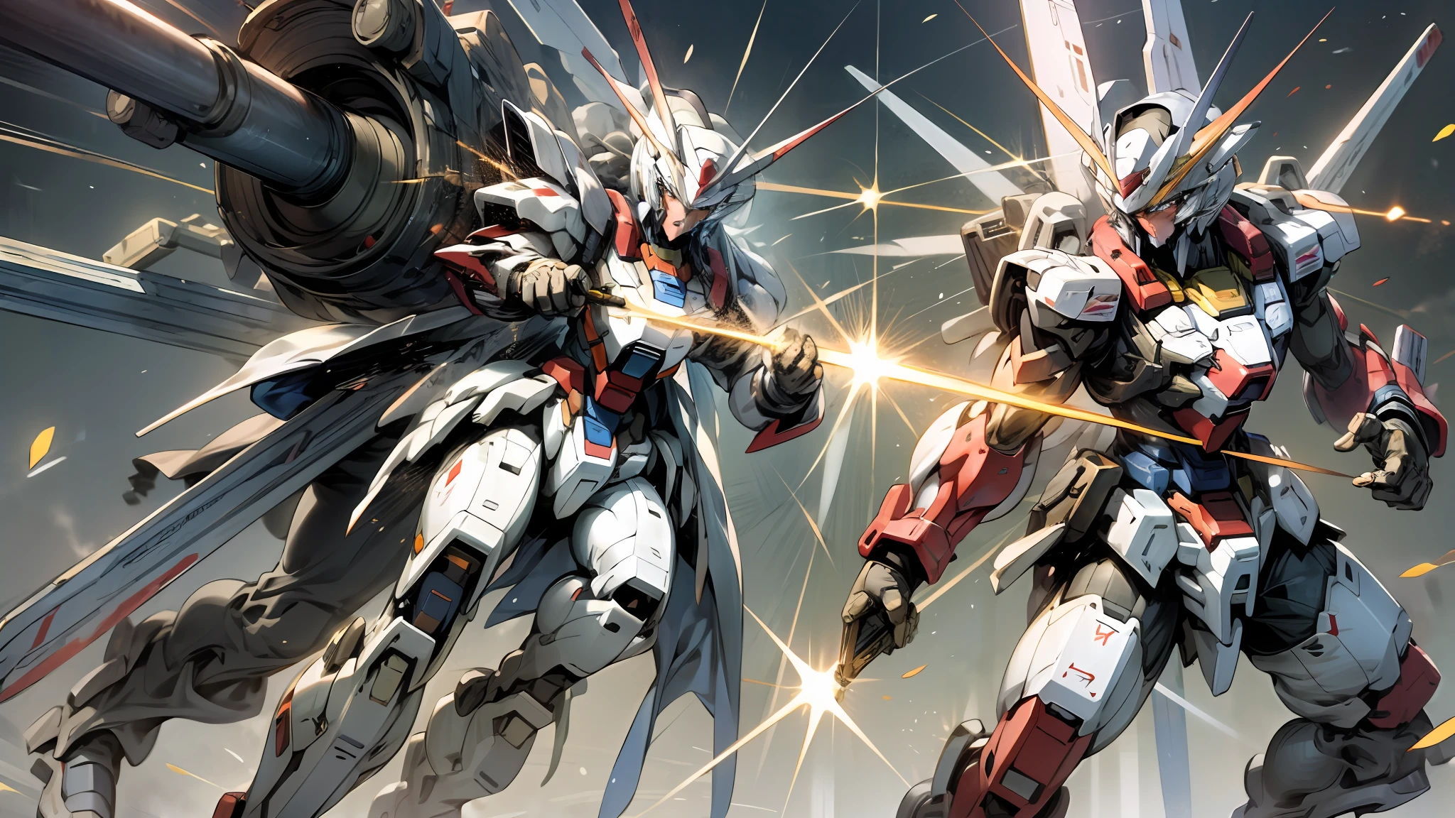 Super realistic,full bodyesbian,2 Gundam Warriors,Weapon in hand,Duel status,combat state,Laser cannon,Laser sword,battleground background,wallpaper hd,8K, Mecha